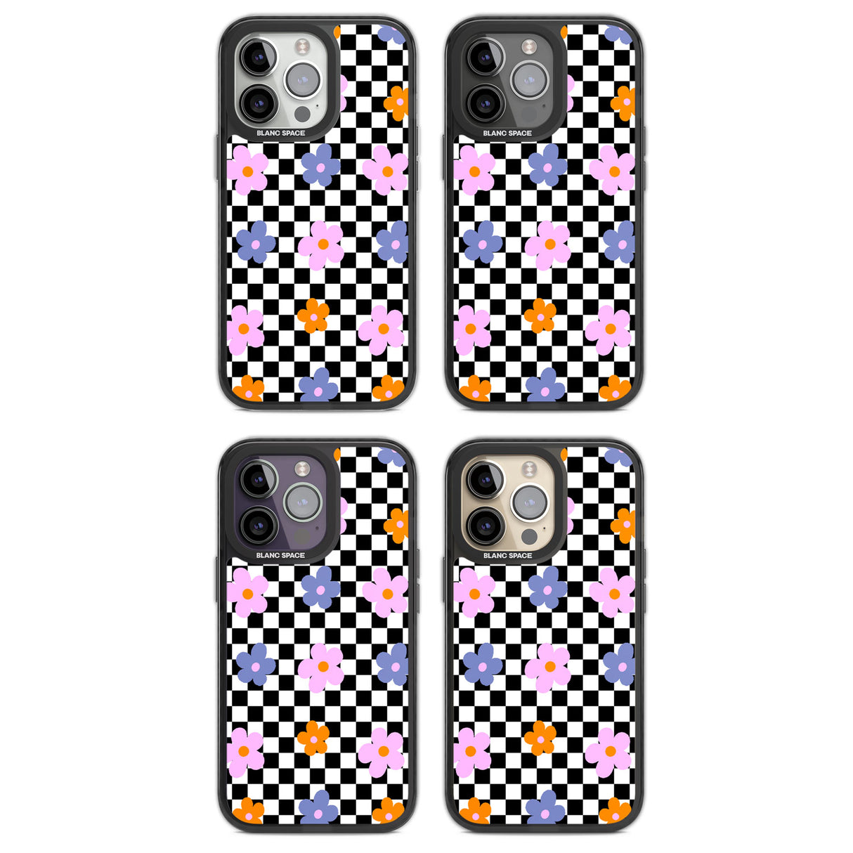 Checkered Blossom Magsafe Black Impact Phone Case for iPhone 13 Pro, iPhone 14 Pro, iPhone 15 Pro