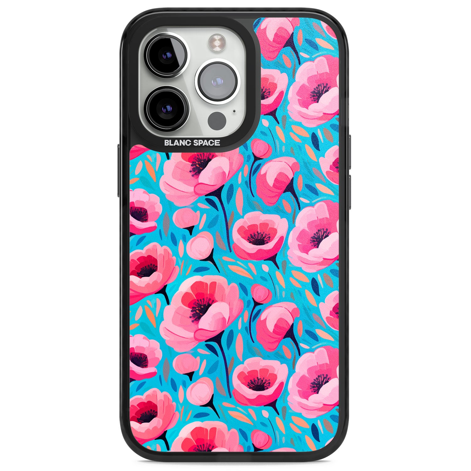 Tropical Pink Poppies Magsafe Black Impact Phone Case for iPhone 13 Pro, iPhone 14 Pro, iPhone 15 Pro