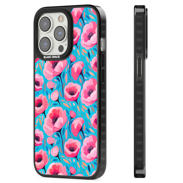 Tropical Pink Poppies Magsafe Black Impact Phone Case for iPhone 13 Pro, iPhone 14 Pro, iPhone 15 Pro