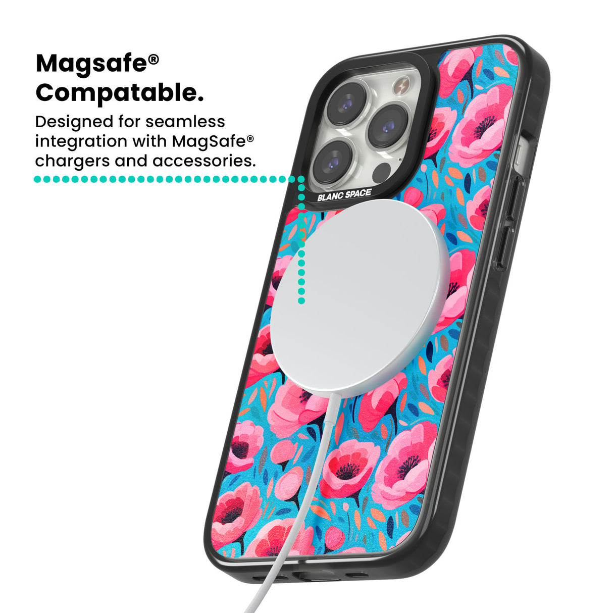 Tropical Pink Poppies Magsafe Black Impact Phone Case for iPhone 13 Pro, iPhone 14 Pro, iPhone 15 Pro