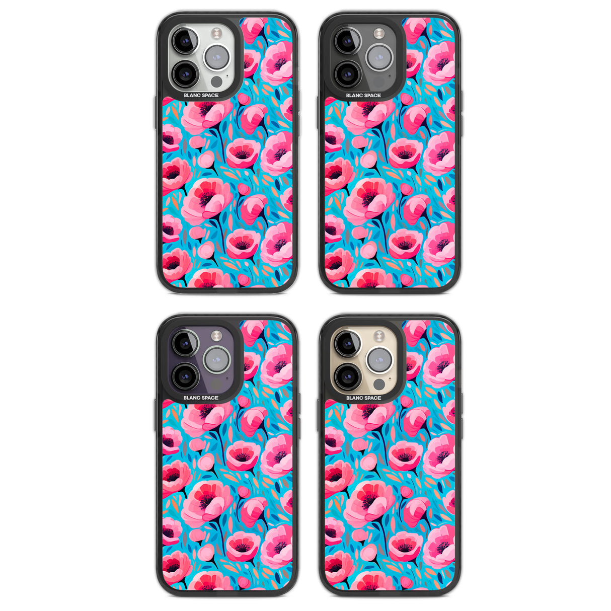 Tropical Pink Poppies Magsafe Black Impact Phone Case for iPhone 13 Pro, iPhone 14 Pro, iPhone 15 Pro