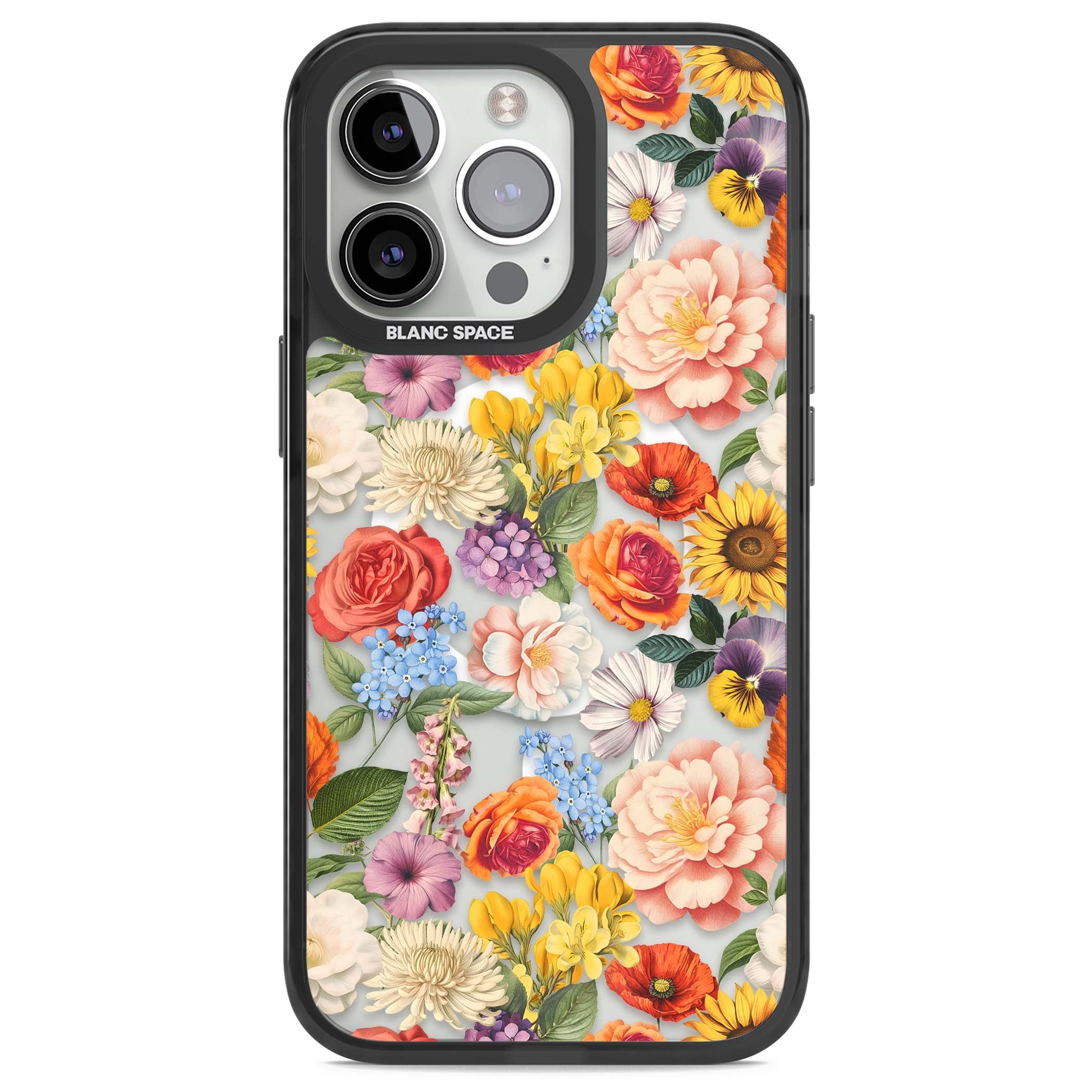 Bloom Basket floral iPhone case featuring cottage garden flowers including peonies, sunflowers, and wildflowers in pastel col | Black Impact Magsafe case for iPhone 13 Pro, iPhone 14 Pro, iPhone 15 Pro