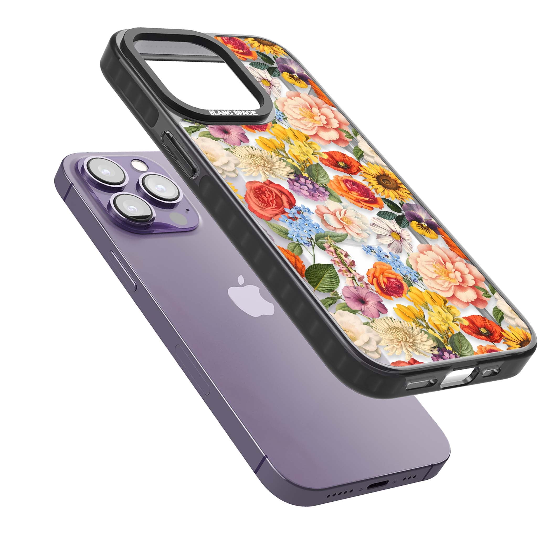 Bloom Basket floral iPhone case featuring cottage garden flowers including peonies, sunflowers, and wildflowers in pastel col | Black Impact Magsafe case for iPhone 13 Pro, iPhone 14 Pro, iPhone 15 Pro