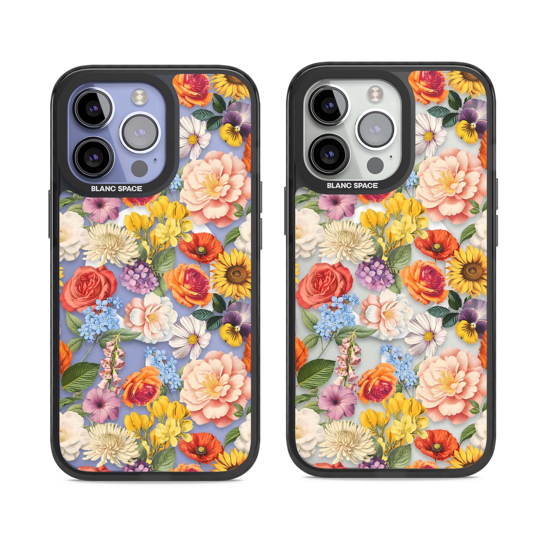 Bloom Basket floral iPhone case featuring cottage garden flowers including peonies, sunflowers, and wildflowers in pastel col | Black Impact Magsafe case for iPhone 13 Pro, iPhone 14 Pro, iPhone 15 Pro