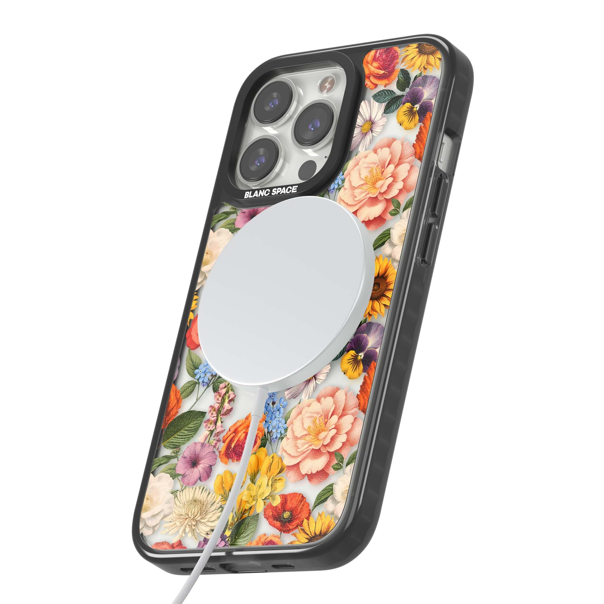Bloom Basket floral iPhone case featuring cottage garden flowers including peonies, sunflowers, and wildflowers in pastel col | Black Impact Magsafe case for iPhone 13 Pro, iPhone 14 Pro, iPhone 15 Pro