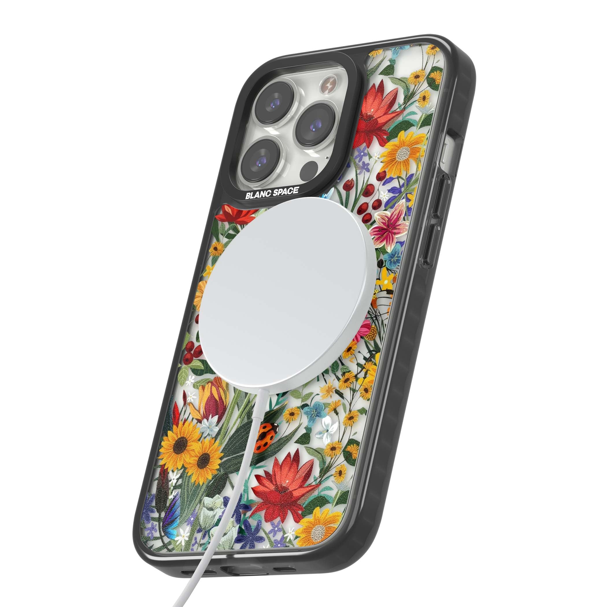 Botanical Bloom cottagecore iPhone case featuring colorful wildflowers, sunflowers, and ladybugs on clear background | Black Impact Magsafe case for iPhone 13 Pro, iPhone 14 Pro, iPhone 15 Pro