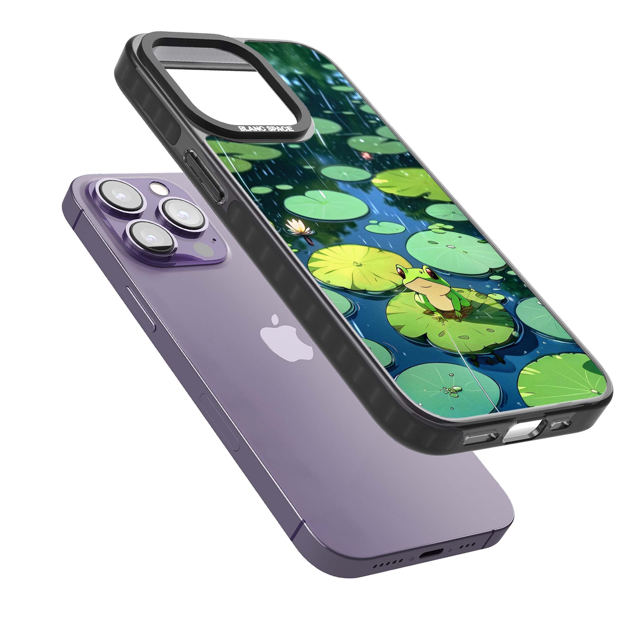 Frog In Lily Pond cottagecore iPhone case featuring a cute green frog on a lily pad with falling rain and a lotus flower | Black Impact Magsafe case for iPhone 13 Pro, iPhone 14 Pro, iPhone 15 Pro