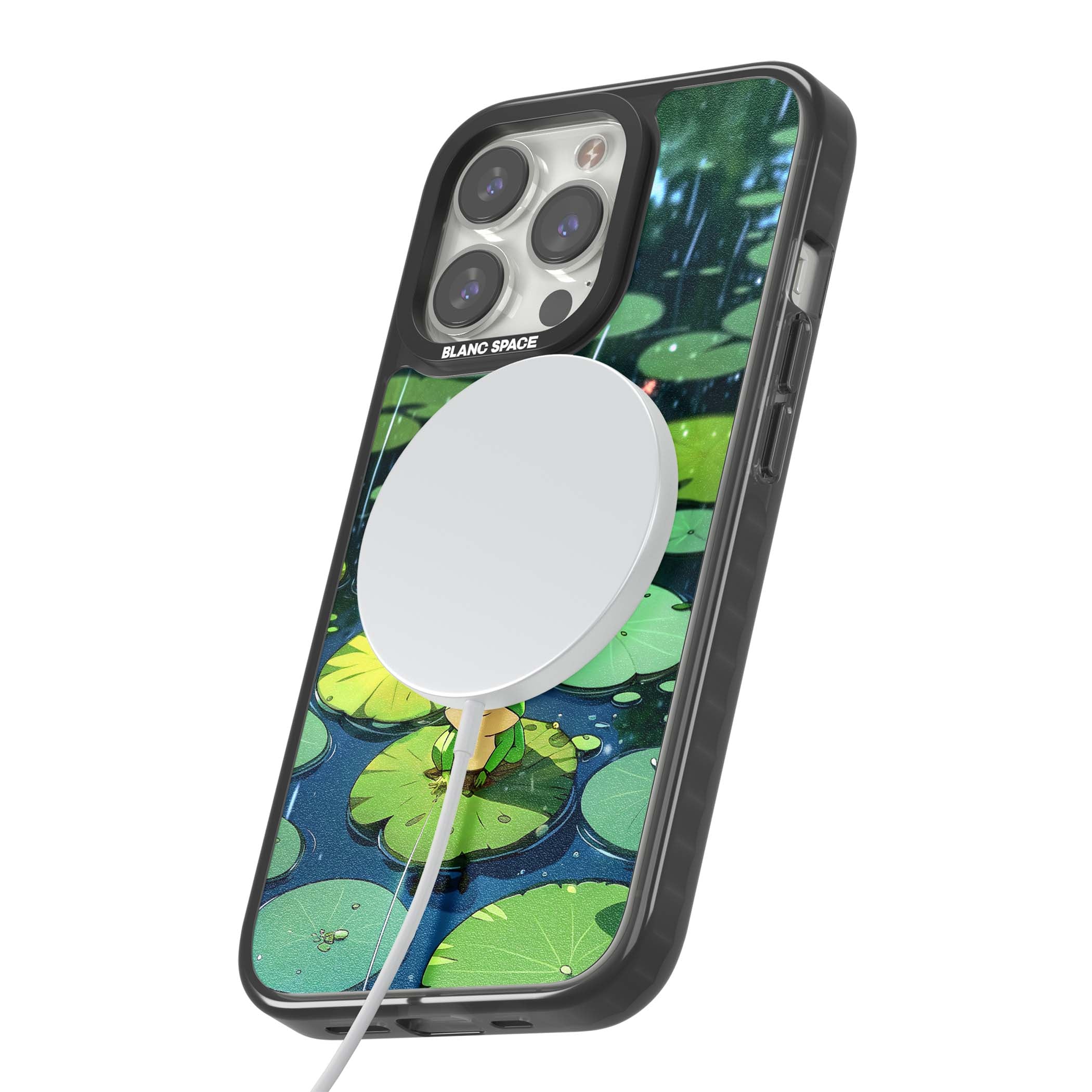 Frog In Lily Pond cottagecore iPhone case featuring a cute green frog on a lily pad with falling rain and a lotus flower | Black Impact Magsafe case for iPhone 13 Pro, iPhone 14 Pro, iPhone 15 Pro