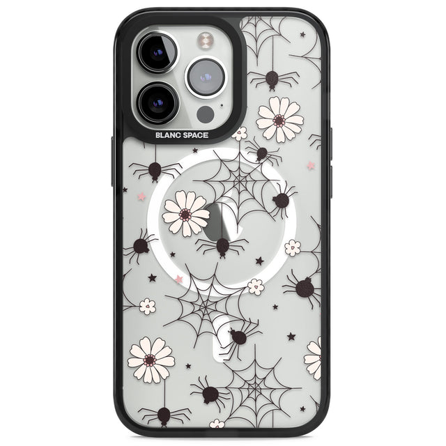 Spiders and Flowers Pattern Magsafe Black Impact Phone Case for iPhone 13 Pro, iPhone 14 Pro, iPhone 15 Pro