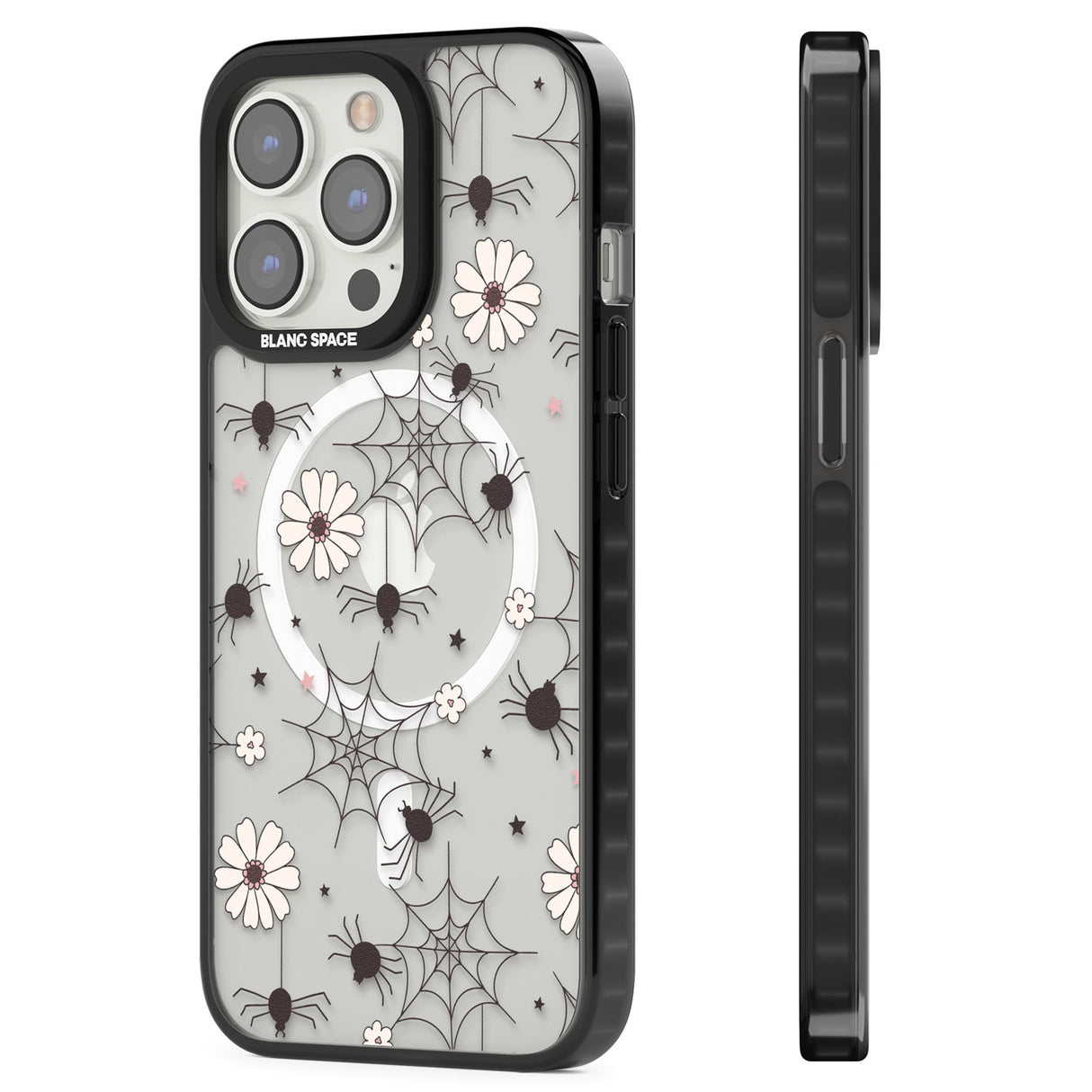 Spiders and Flowers Pattern Magsafe Black Impact Phone Case for iPhone 13 Pro, iPhone 14 Pro, iPhone 15 Pro