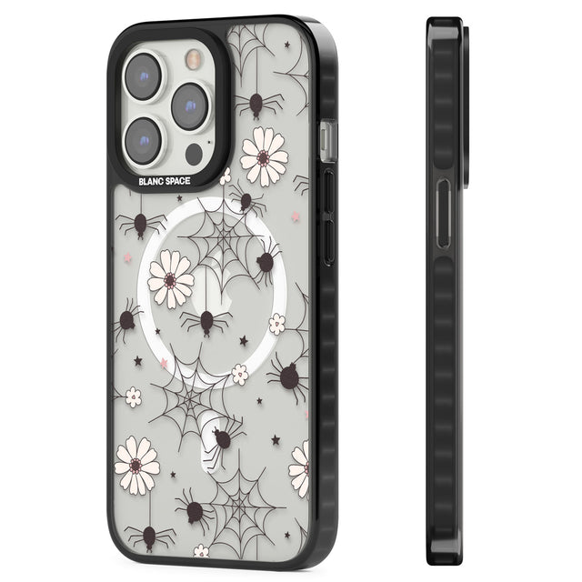 Spiders and Flowers Pattern Magsafe Black Impact Phone Case for iPhone 13 Pro, iPhone 14 Pro, iPhone 15 Pro