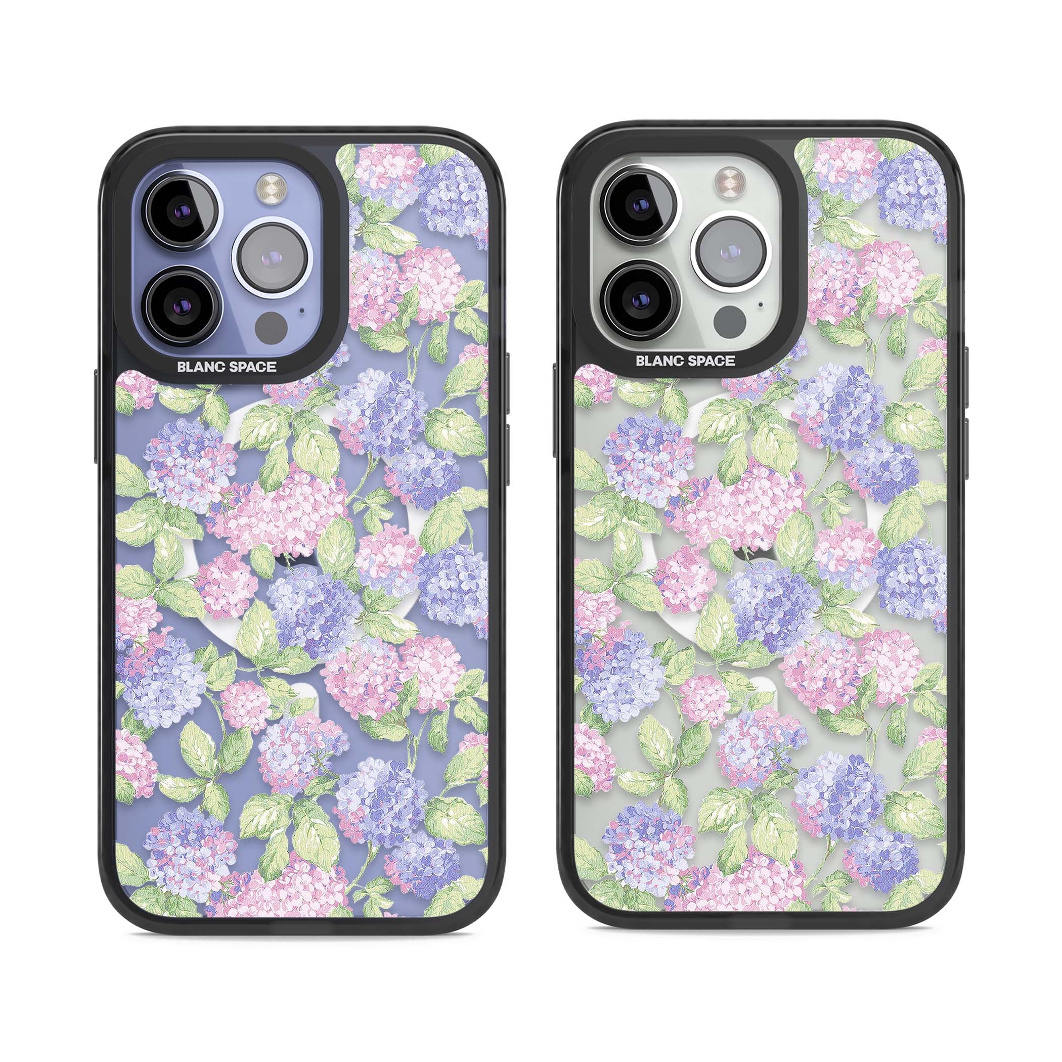 Cottage Hydrangea cottagecore iPhone case featuring pink and purple hydrangea blooms with green leaves on a clear background | Black Impact Magsafe case for iPhone 13 Pro, iPhone 14 Pro, iPhone 15 Pro