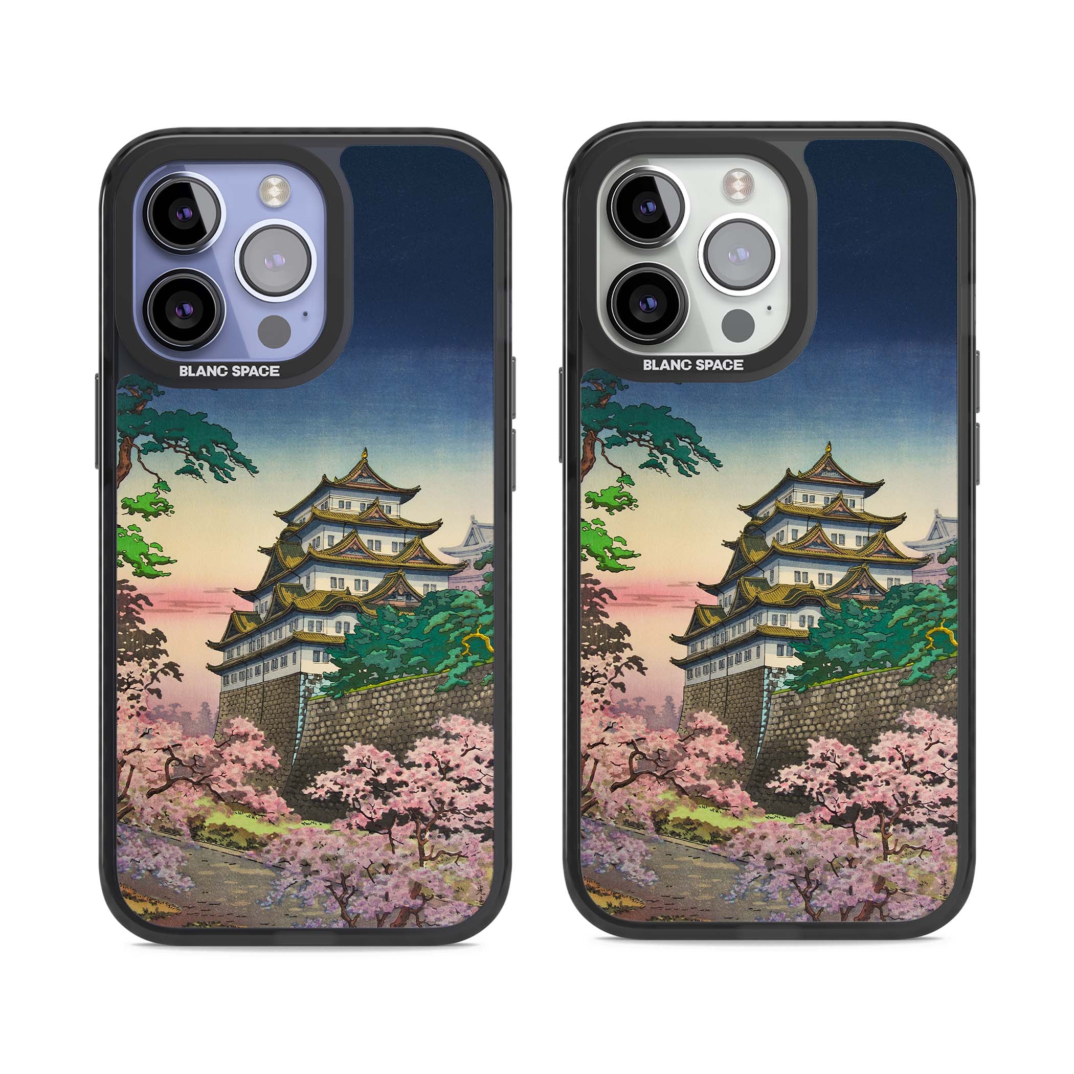 Nagoya Castle Japanese iPhone case featuring a vintage pagoda, twilight sky and cherry blossom trees | Black Impact Magsafe case for iPhone 13 Pro, iPhone 14 Pro, iPhone 15 Pro