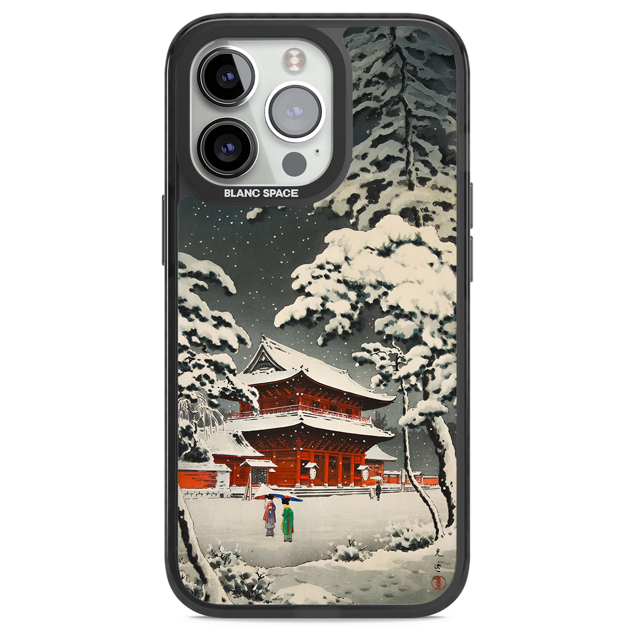 Snow at Shiha Park, Tokyo Japanese art iPhone case featuring a vintage ukiyo-e snowy temple, red pagoda, and snow-covered pin | Black Impact Magsafe case for iPhone 13 Pro, iPhone 14 Pro, iPhone 15 Pro