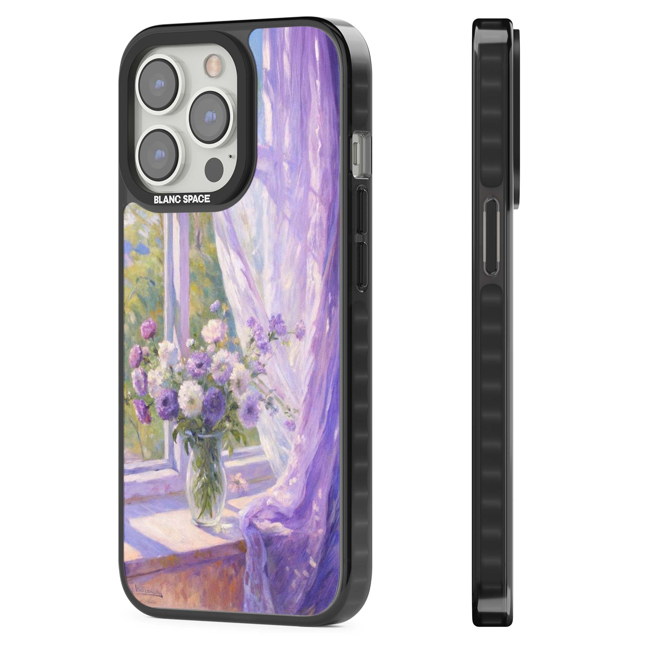 A Provence Morning impressionist art iPhone case featuring a vase of purple flowers, sunlit window and sheer curt | Black Impact Magsafe case for iPhone 13 Pro, iPhone 14 Pro, iPhone 15 Pro