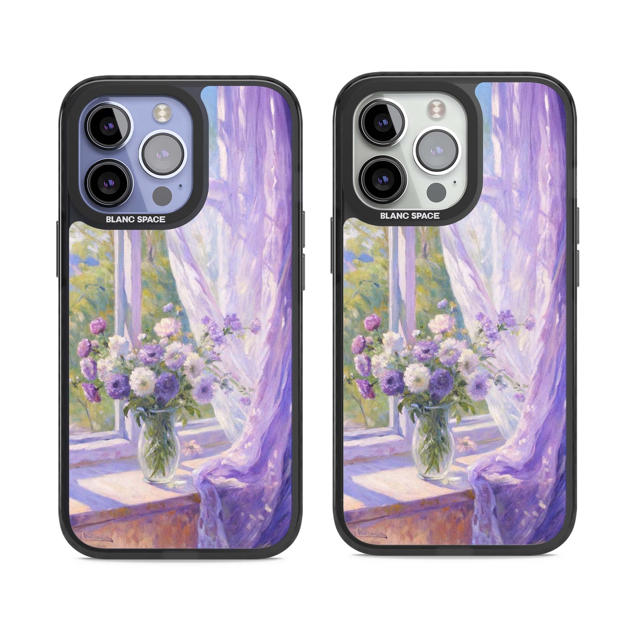 A Provence Morning impressionist art iPhone case featuring a vase of purple flowers, sunlit window and sheer curt | Black Impact Magsafe case for iPhone 13 Pro, iPhone 14 Pro, iPhone 15 Pro