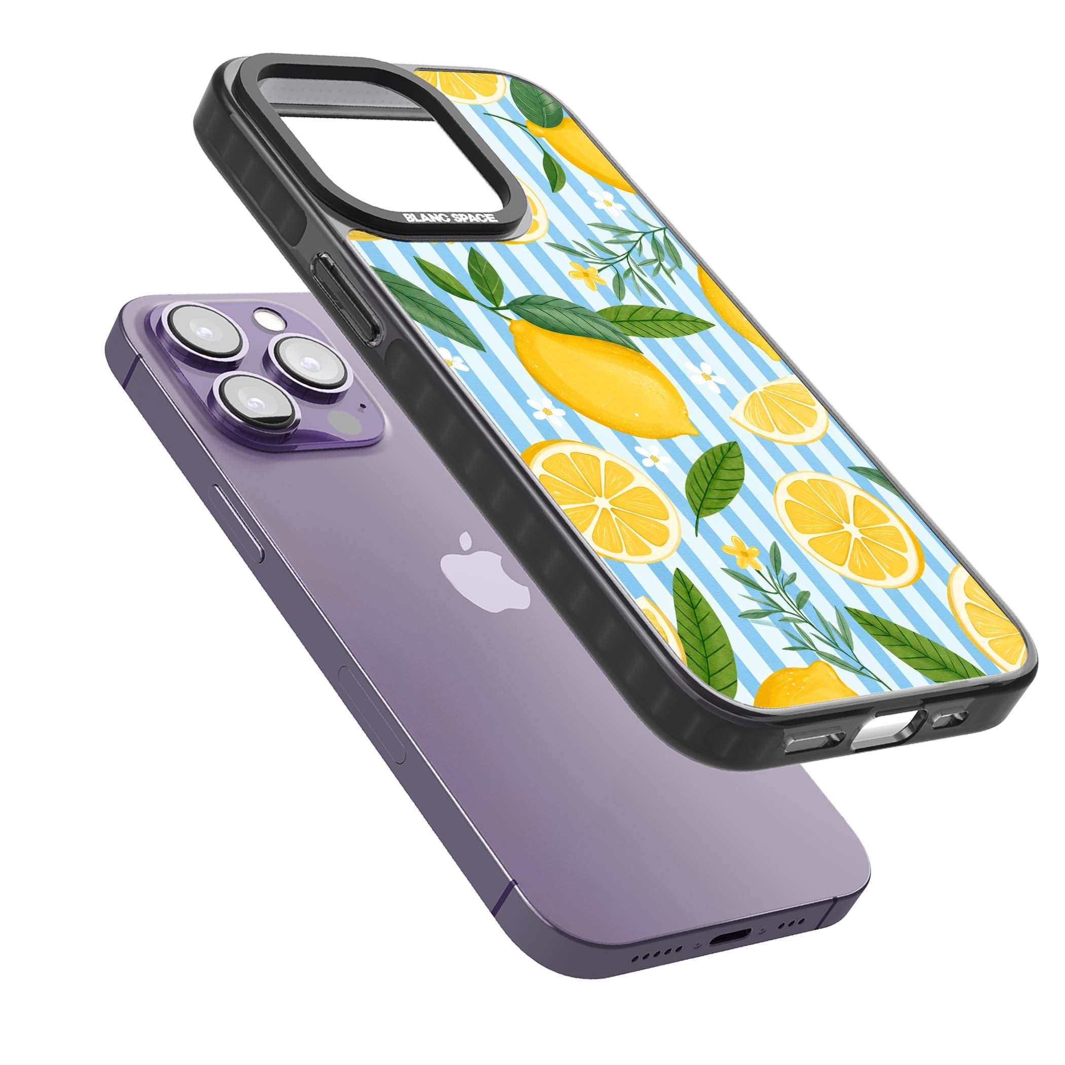 Capri Citrus Stripe coastal iPhone case featuring yellow lemons, blue stripes, and white daisy blossoms | Black Impact Magsafe case for iPhone 13 Pro, iPhone 14 Pro, iPhone 15 Pro