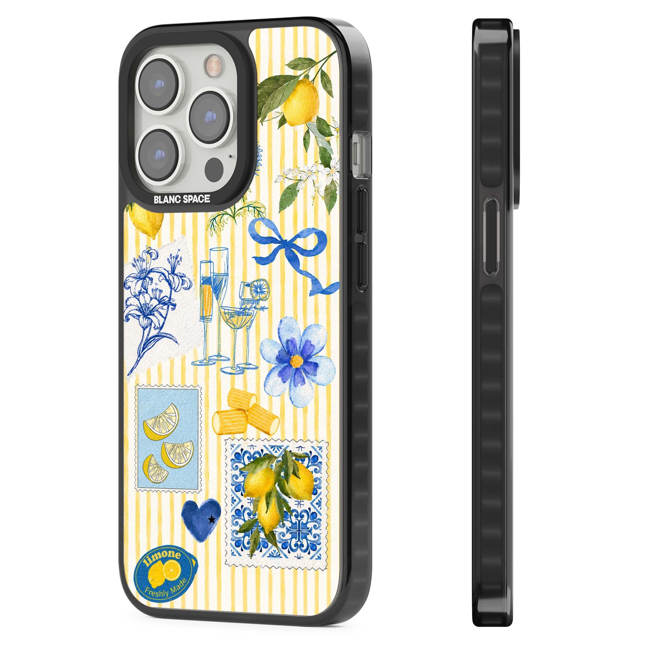Limone Riviera Italian summer iPhone case featuring watercolour lemons, blue ribbon bows and majolica tile stamps on... | Black Impact Magsafe case for iPhone 13 Pro, iPhone 14 Pro, iPhone 15 Pro