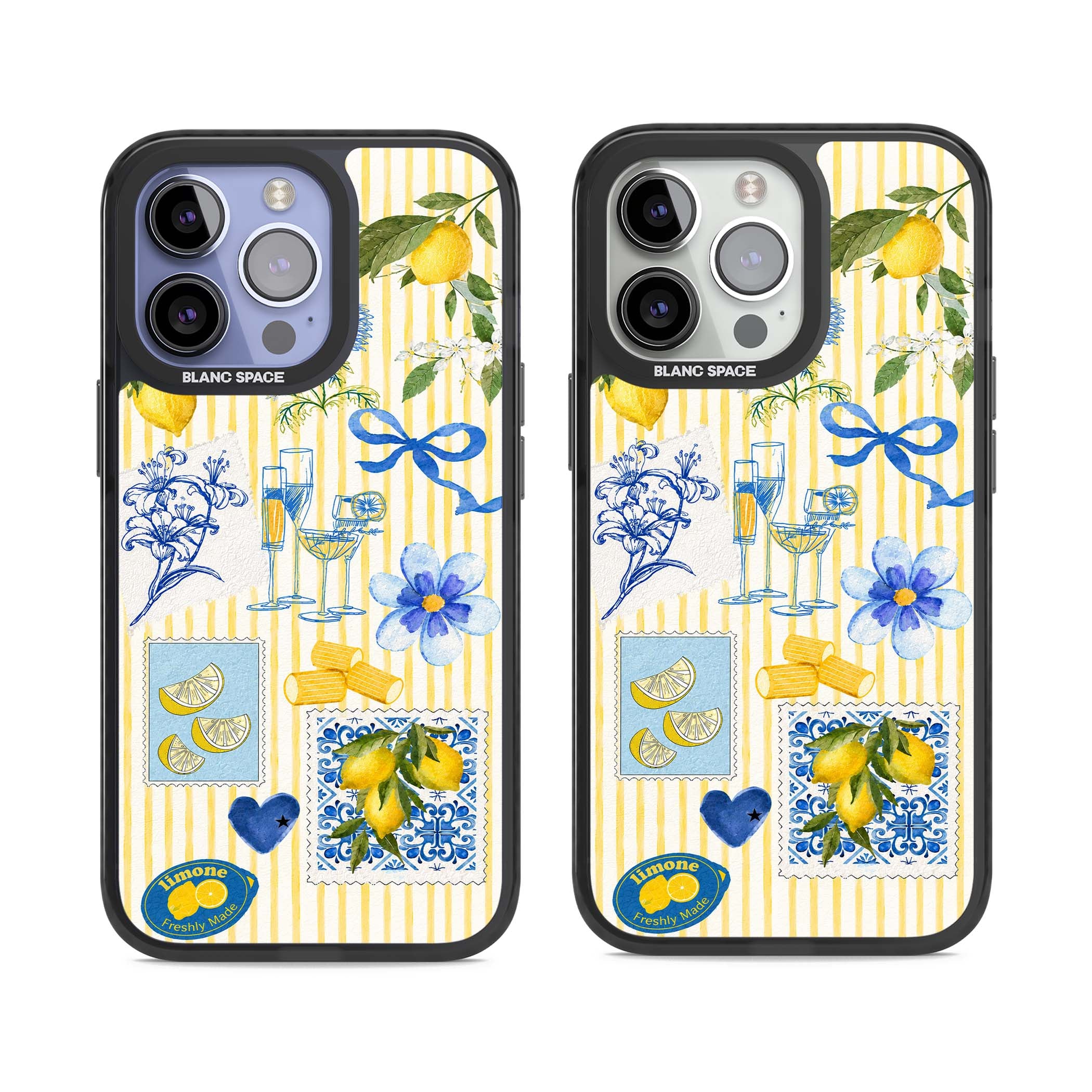 Limone Riviera Italian summer iPhone case featuring watercolour lemons, blue ribbon bows and majolica tile stamps on... | Black Impact Magsafe case for iPhone 13 Pro, iPhone 14 Pro, iPhone 15 Pro