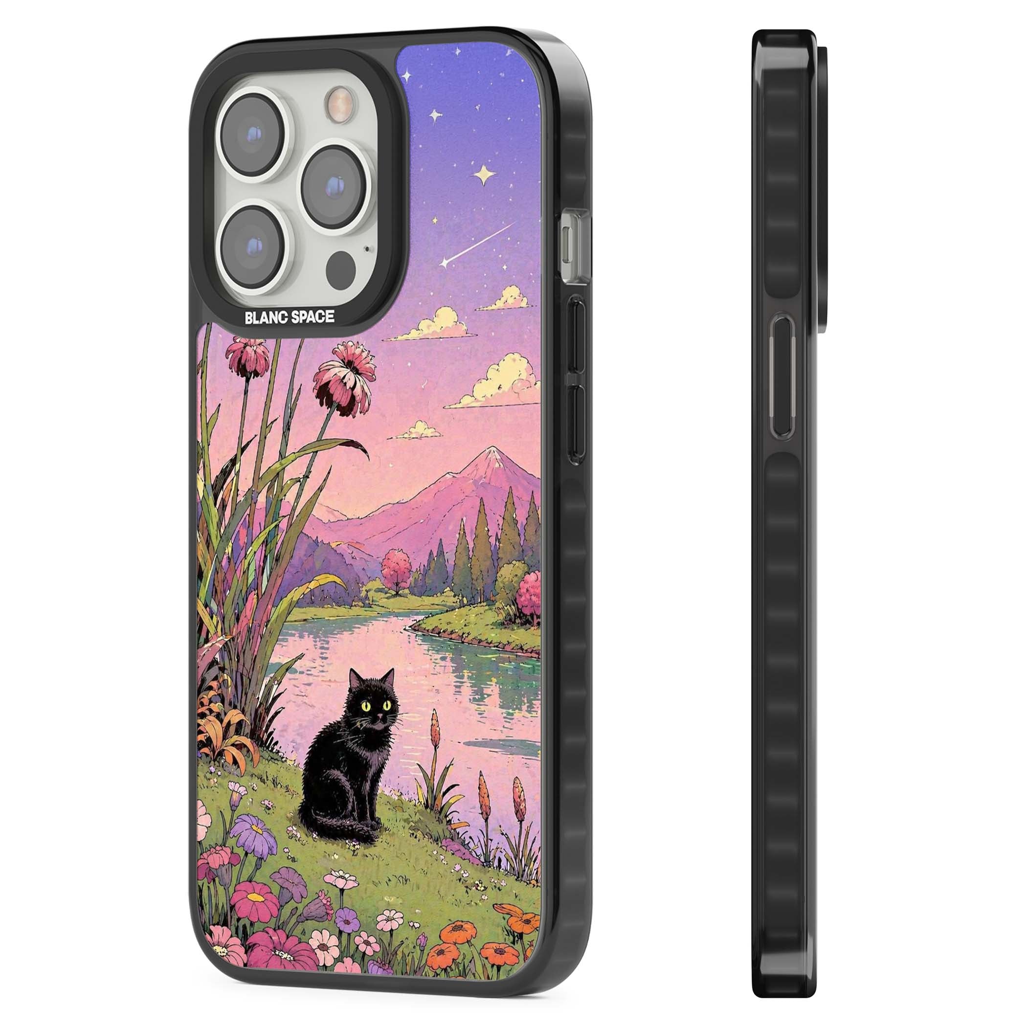 Mystic Whiskers ghibli iPhone case featuring a black cat by a pastel lake, wildflowers and a starry sunset sky | Black Impact Magsafe case for iPhone 13 Pro, iPhone 14 Pro, iPhone 15 Pro