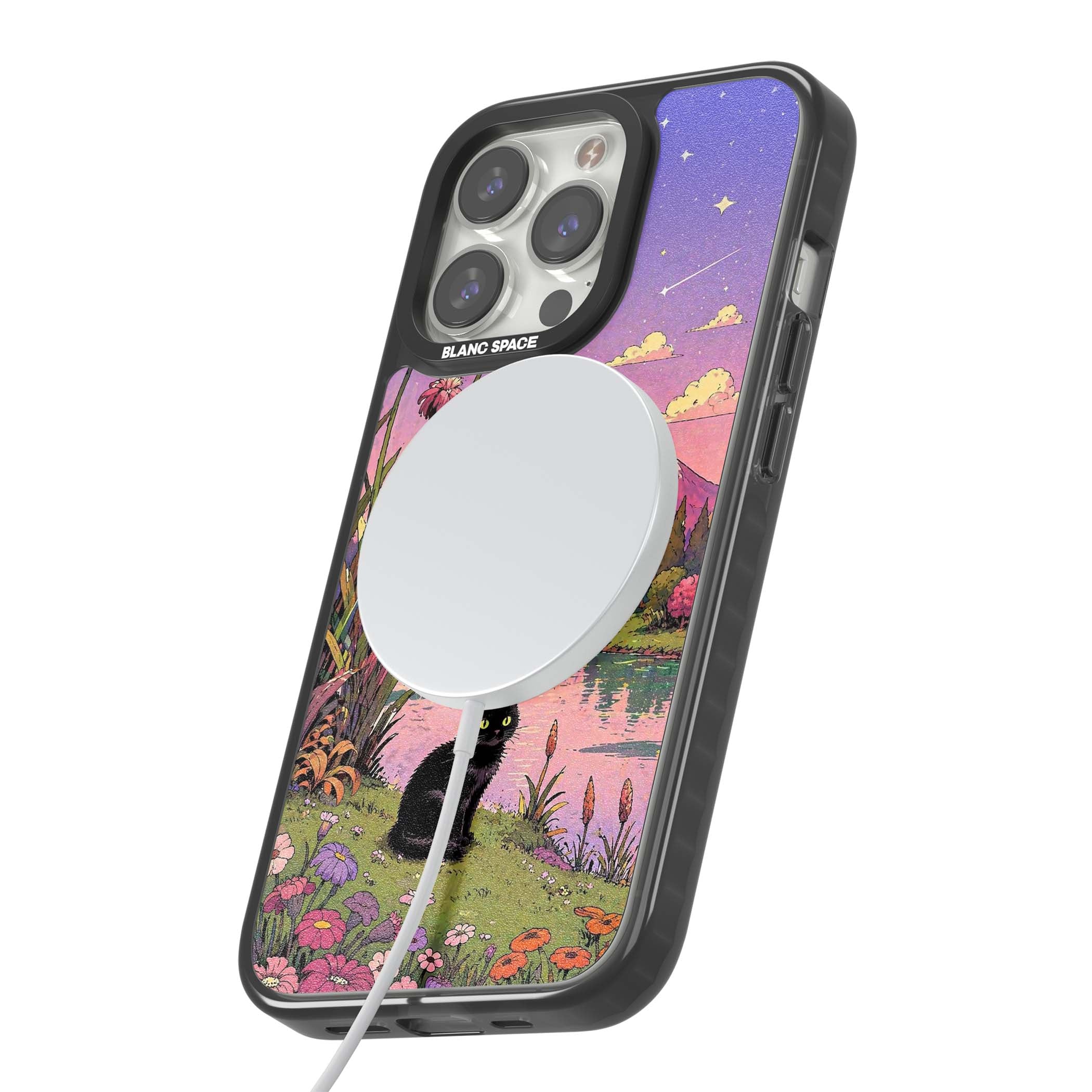 Mystic Whiskers ghibli iPhone case featuring a black cat by a pastel lake, wildflowers and a starry sunset sky | Black Impact Magsafe case for iPhone 13 Pro, iPhone 14 Pro, iPhone 15 Pro