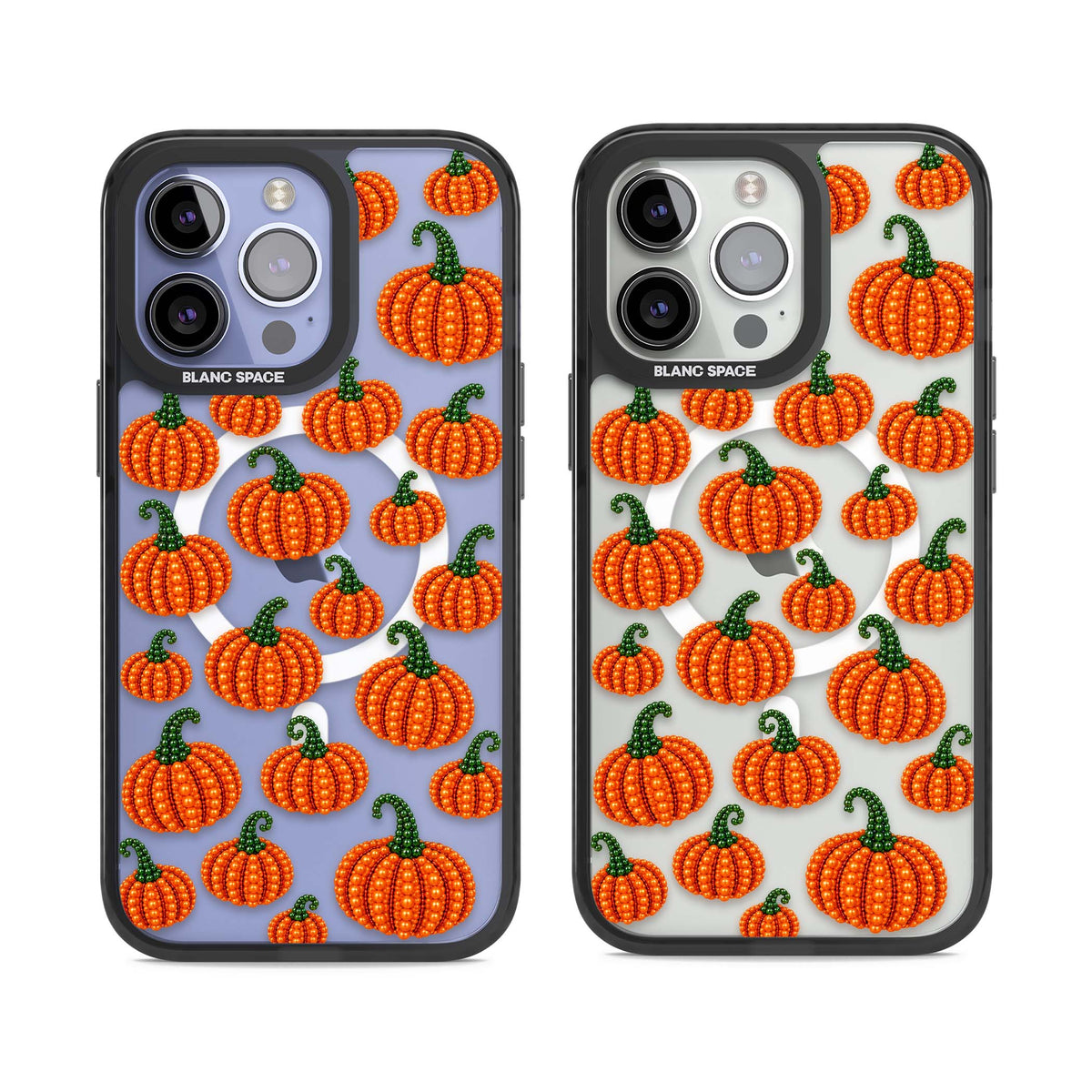 Beaded Pumpkins halloween iPhone case featuring beaded orange pumpkins with green stems on a clear background | Black Impact Magsafe case for iPhone 13 Pro, iPhone 14 Pro, iPhone 15 Pro