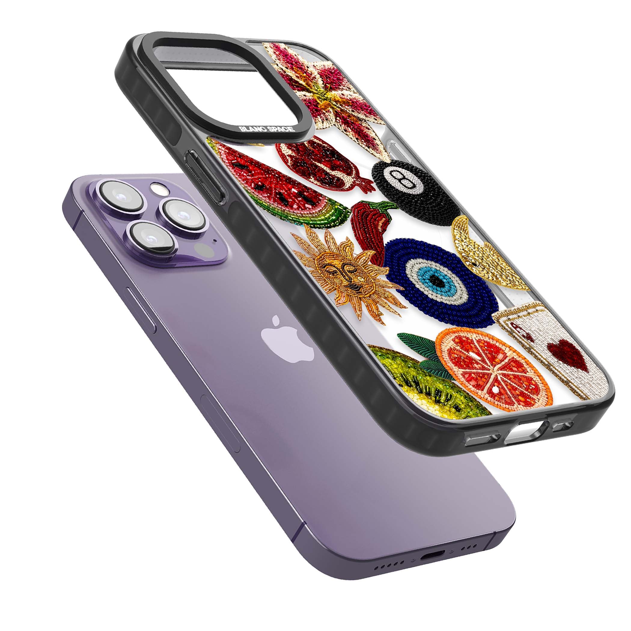 Beaded Charms embroidery iPhone case featuring beaded evil eye, fruit patches and a golden sun motif | Black Impact Magsafe case for iPhone 13 Pro, iPhone 14 Pro, iPhone 15 Pro