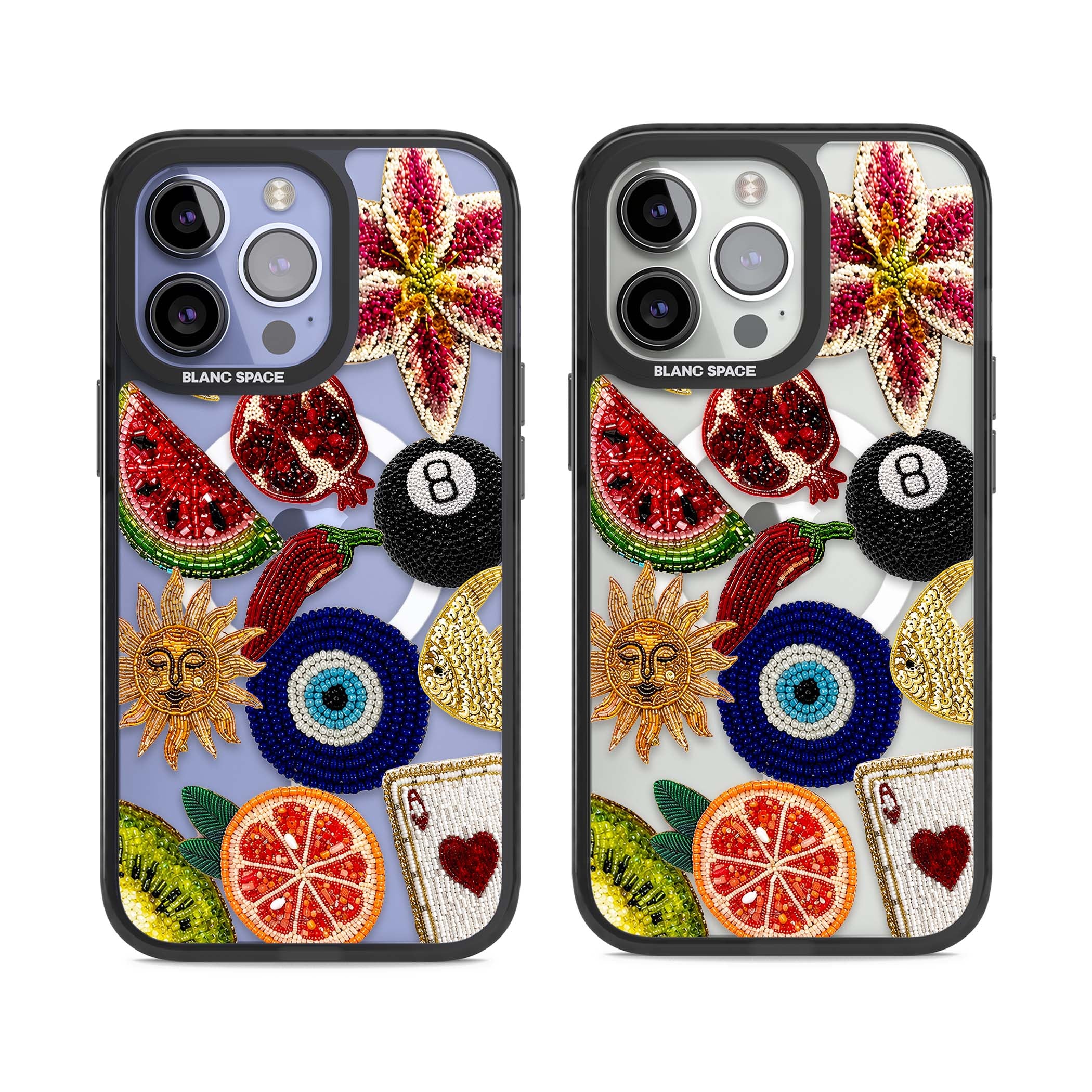 Beaded Charms embroidery iPhone case featuring beaded evil eye, fruit patches and a golden sun motif | Black Impact Magsafe case for iPhone 13 Pro, iPhone 14 Pro, iPhone 15 Pro