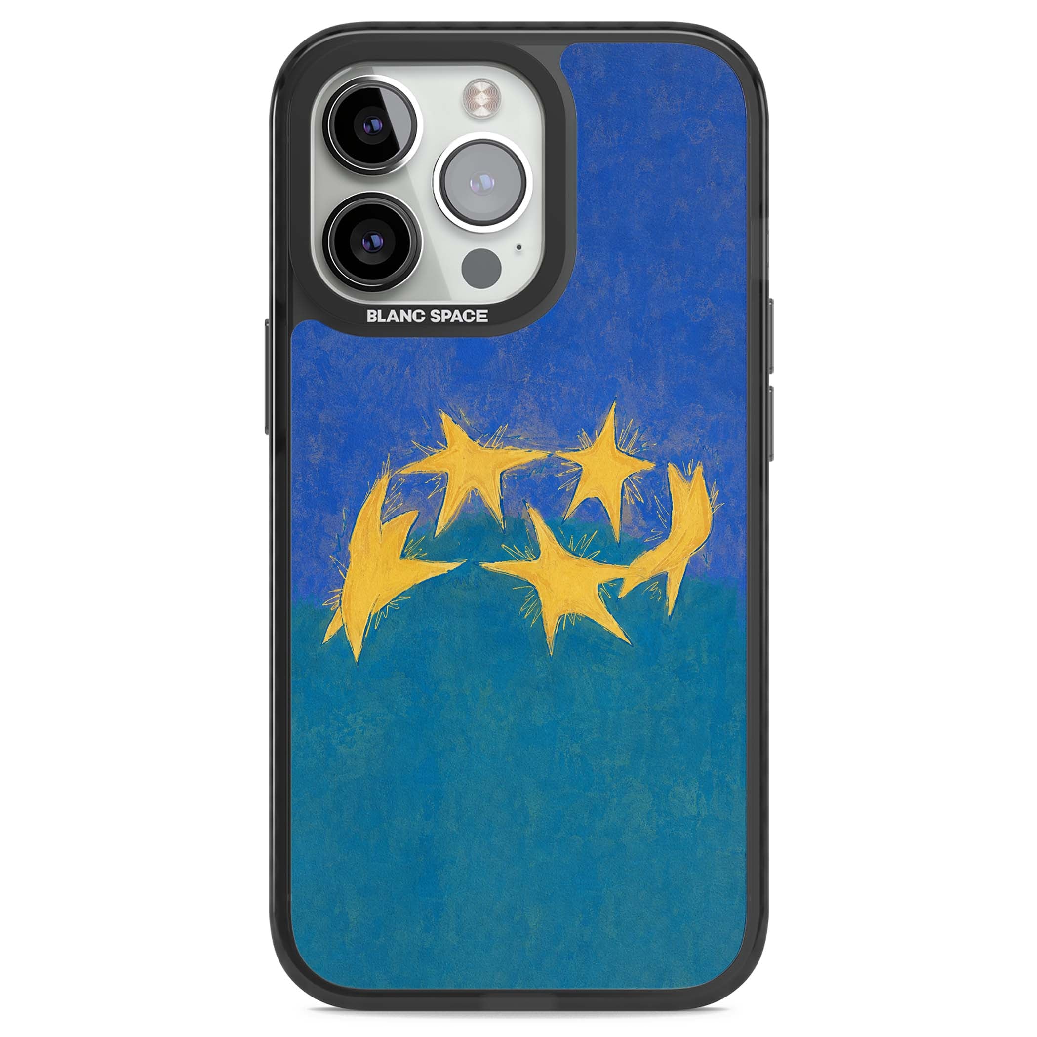 Star Boogie stars aesthetic iPhone case featuring five yellow hand-painted stars on cobalt blue and teal | Black Impact Magsafe case for iPhone 13 Pro, iPhone 14 Pro, iPhone 15 Pro