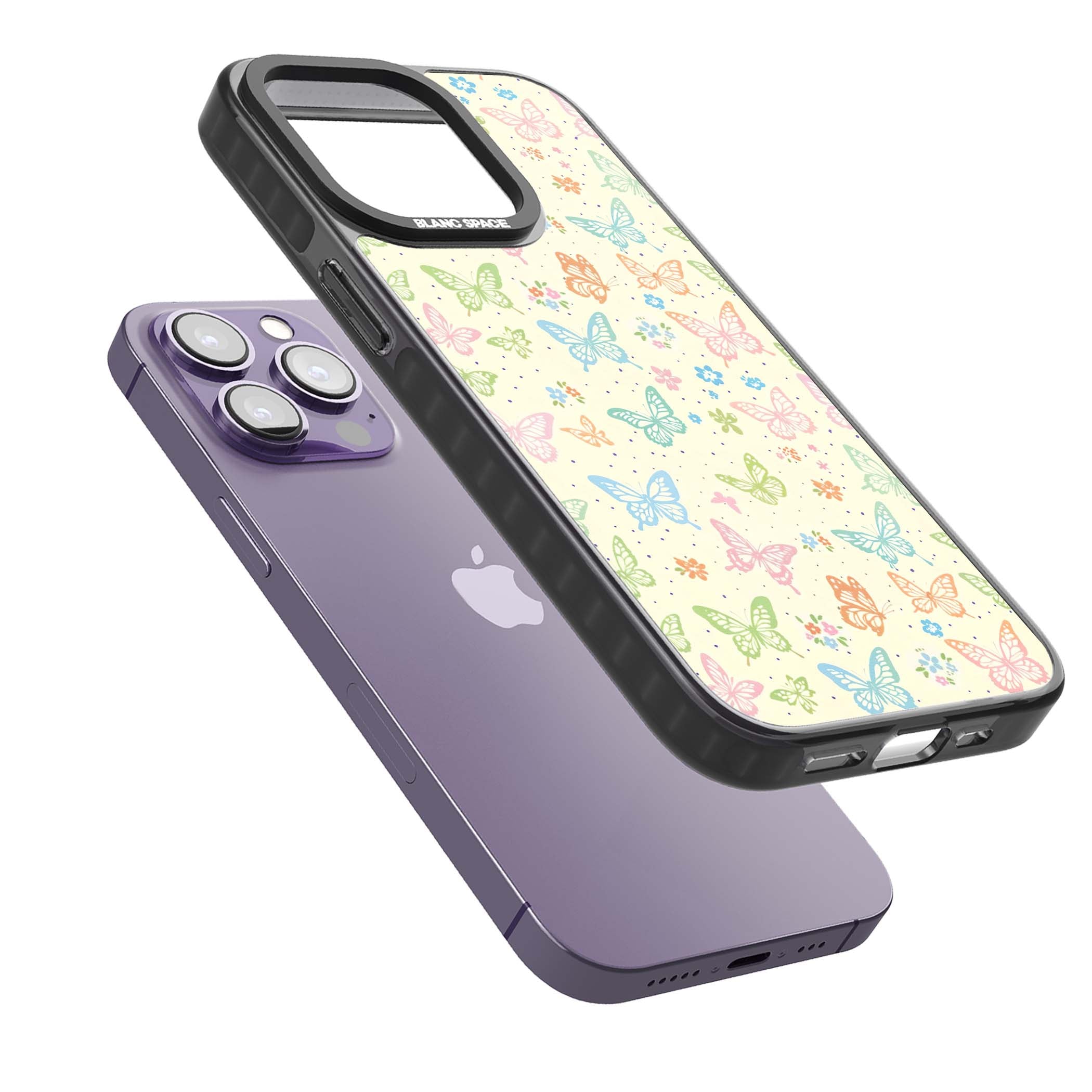 Sugar Wings cottagecore iPhone case featuring rainbow pastel butterflies, tiny wildflowers, and a cream background | Black Impact Magsafe case for iPhone 13 Pro, iPhone 14 Pro, iPhone 15 Pro
