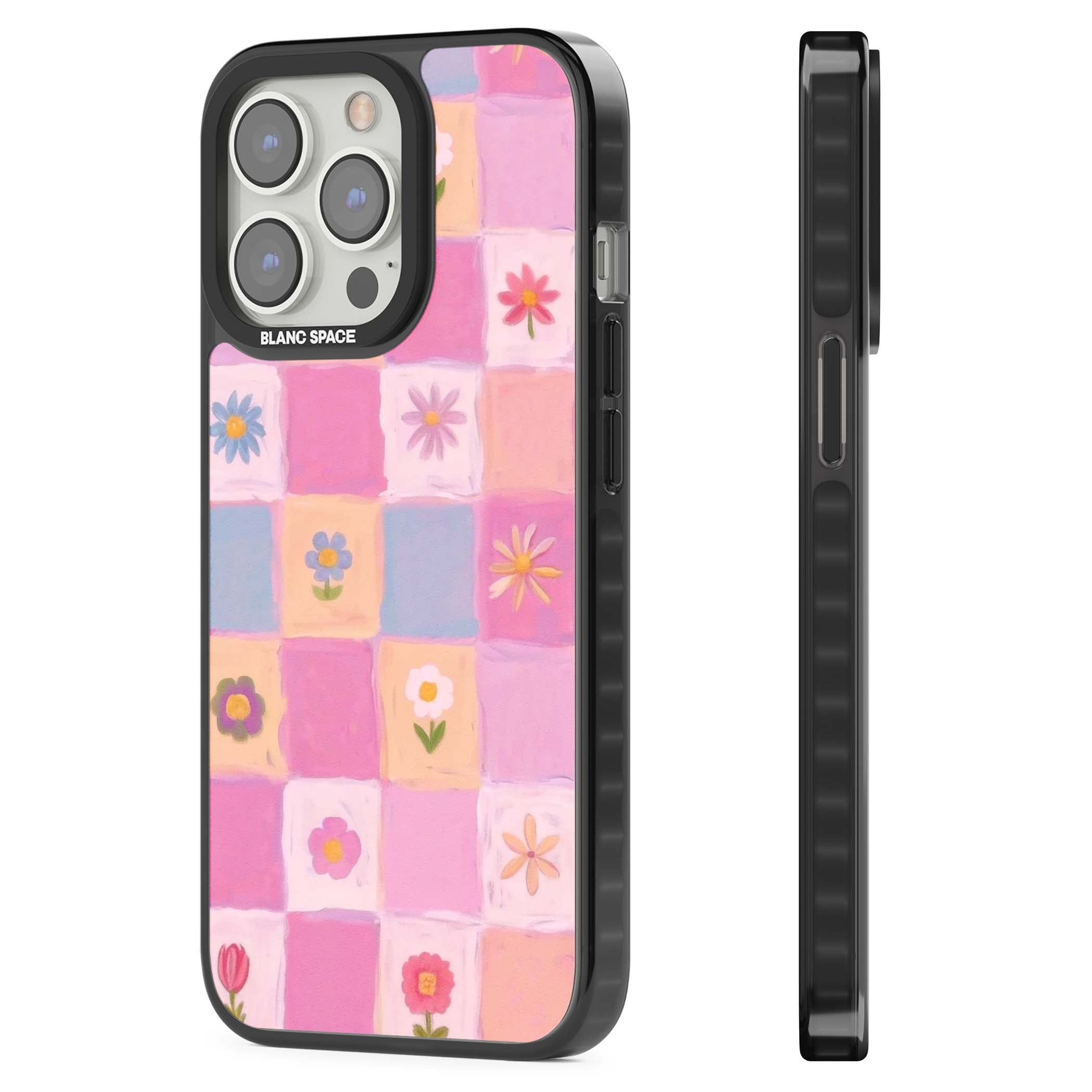 Pastel Flower Patchwork cottagecore iPhone case featuring painted pink and lilac squares with daisies and wildflowers | Black Impact Magsafe case for iPhone 13 Pro, iPhone 14 Pro, iPhone 15 Pro