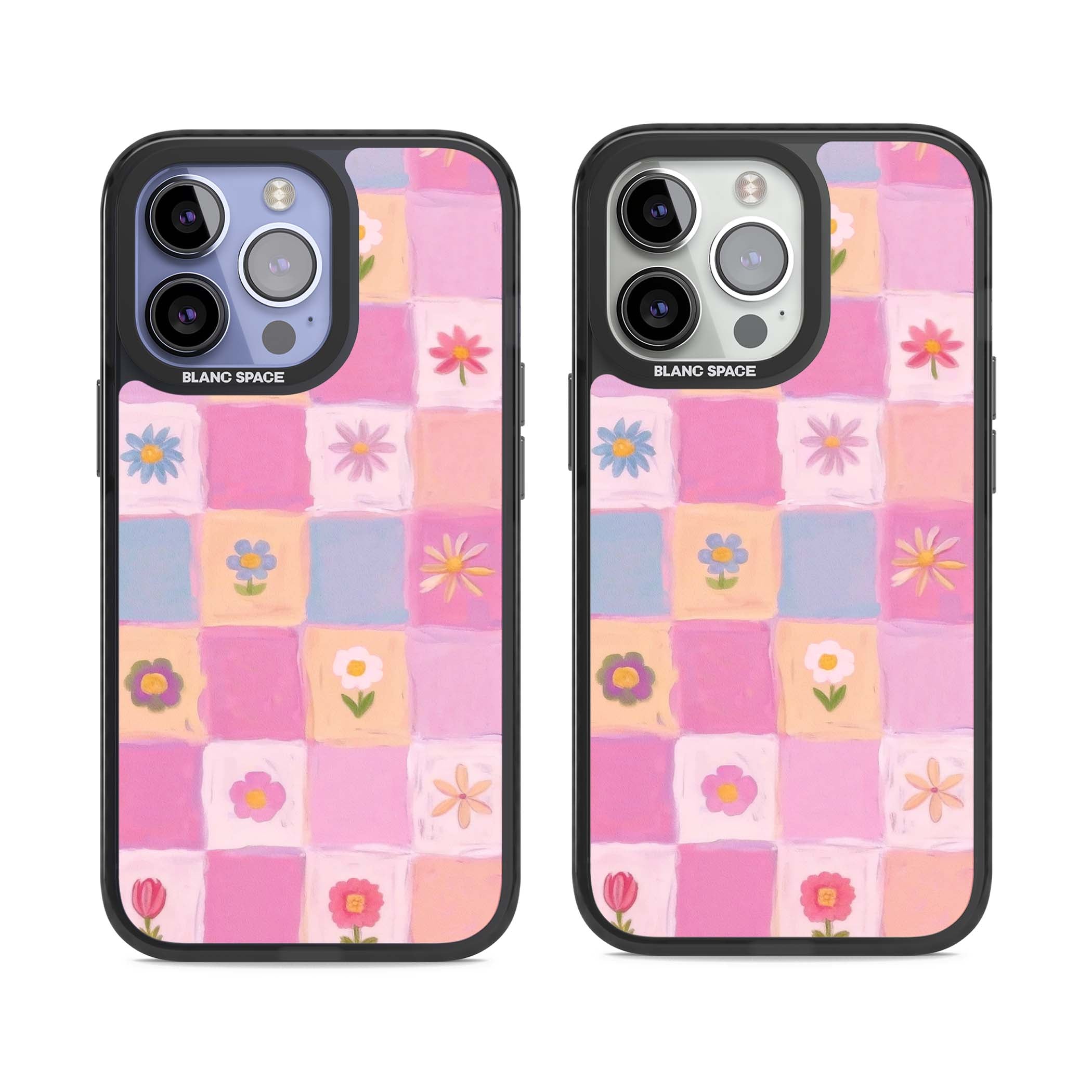 Pastel Flower Patchwork cottagecore iPhone case featuring painted pink and lilac squares with daisies and wildflowers | Black Impact Magsafe case for iPhone 13 Pro, iPhone 14 Pro, iPhone 15 Pro