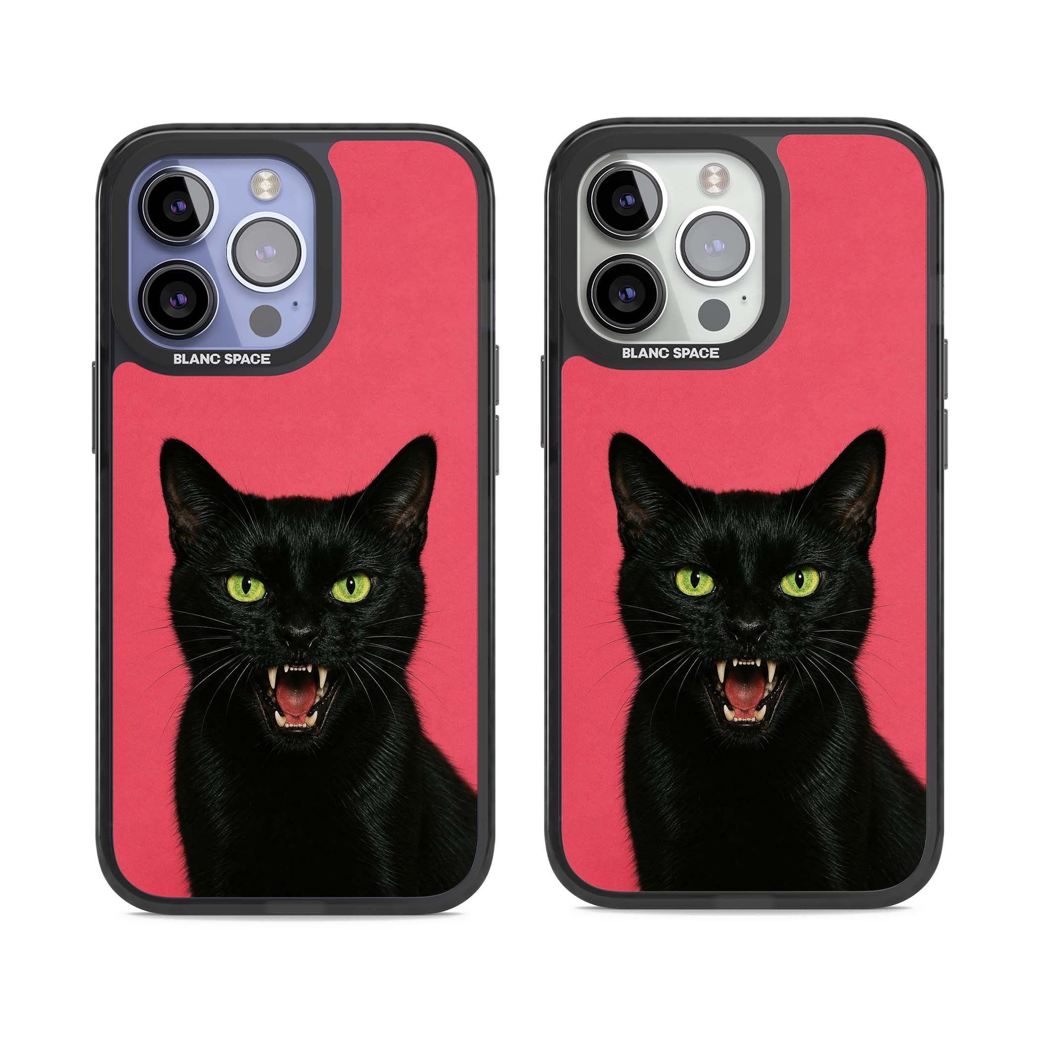 Hissin' Baddie black cat iPhone case featuring a hissing feline with green eyes on a hot pink background | Black Impact Magsafe case for iPhone 13 Pro, iPhone 14 Pro, iPhone 15 Pro