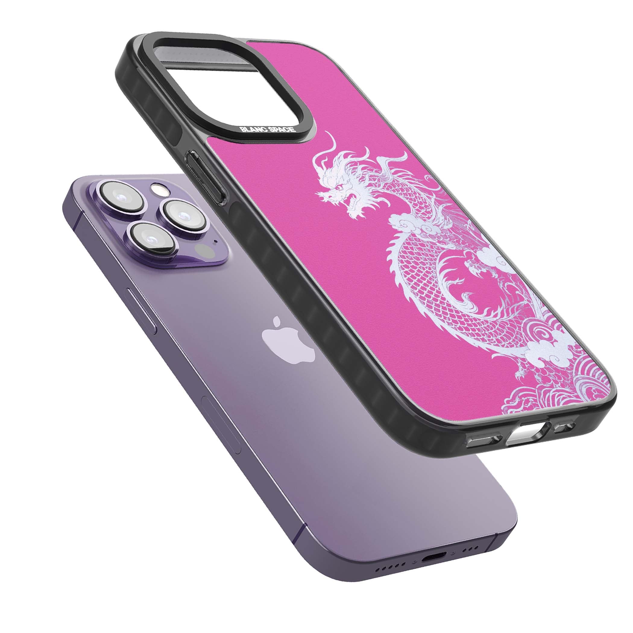 Pink Empress chinese dragon iPhone case featuring a white dragon, swirling clouds and pink dragon wallpaper backdrop | Black Impact Magsafe case for iPhone 13 Pro, iPhone 14 Pro, iPhone 15 Pro
