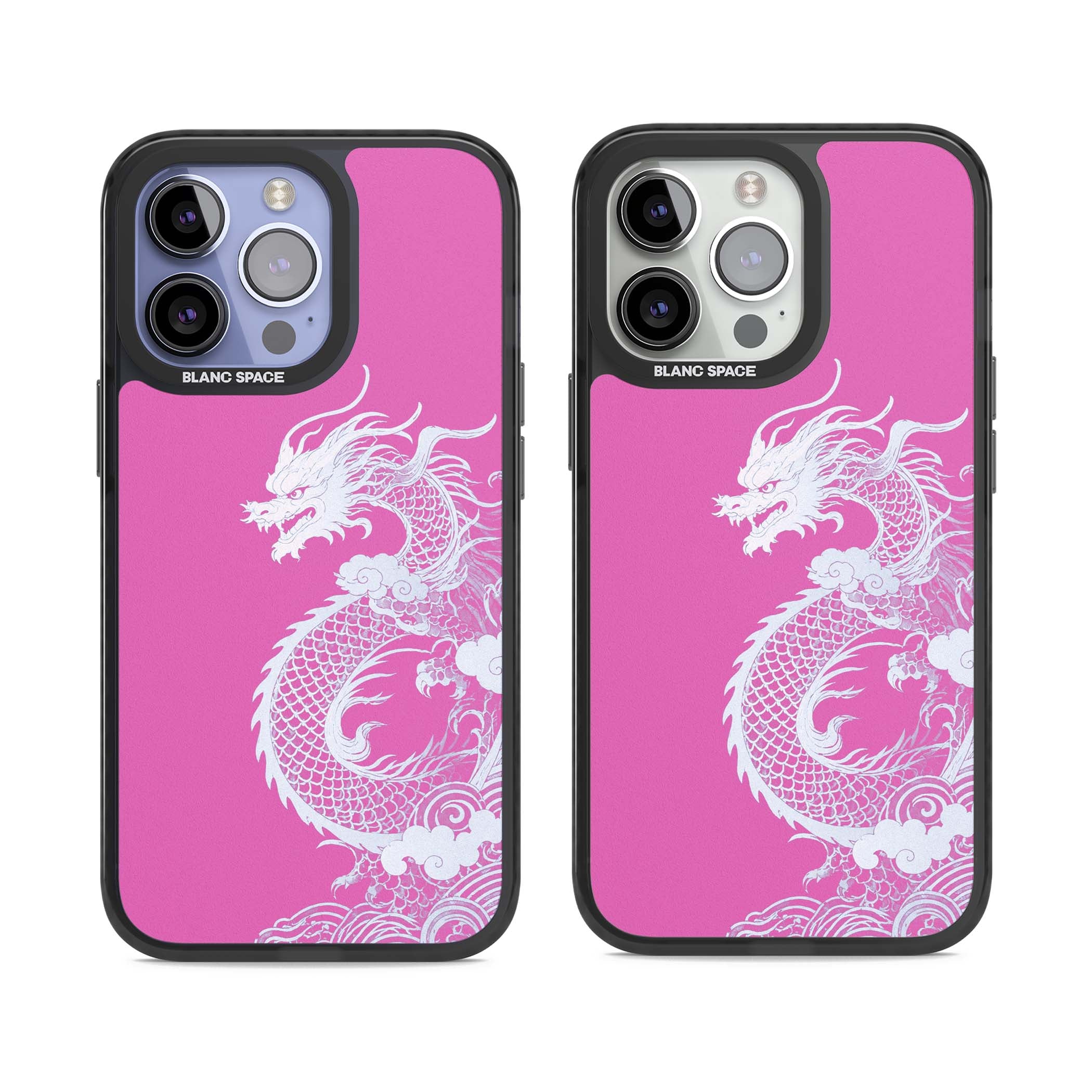 Pink Empress chinese dragon iPhone case featuring a white dragon, swirling clouds and pink dragon wallpaper backdrop | Black Impact Magsafe case for iPhone 13 Pro, iPhone 14 Pro, iPhone 15 Pro