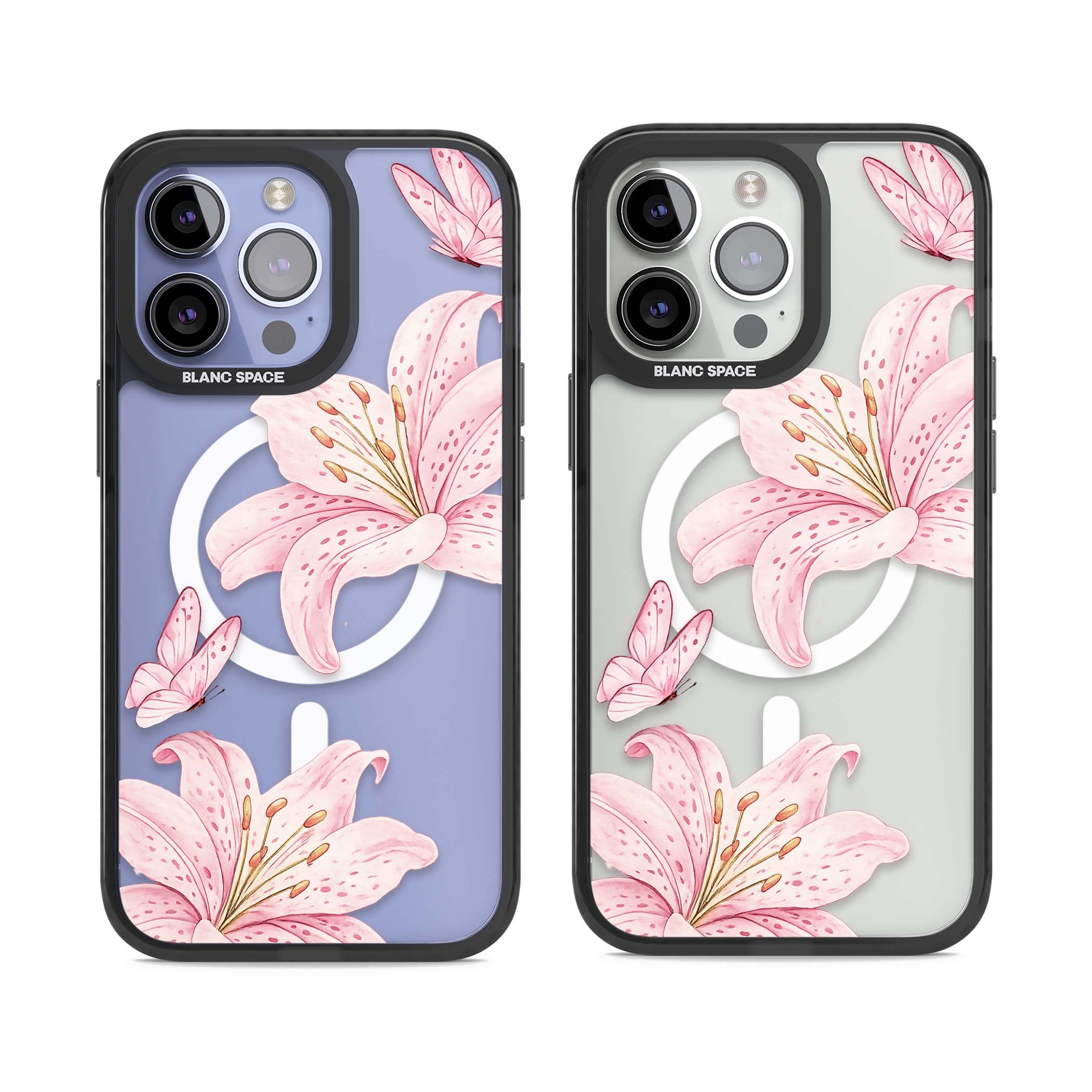 Lily Whisper floral iPhone case featuring pink watercolour lilies and delicate butterflies on a clear background | Black Impact Magsafe case for iPhone 13 Pro, iPhone 14 Pro, iPhone 15 Pro