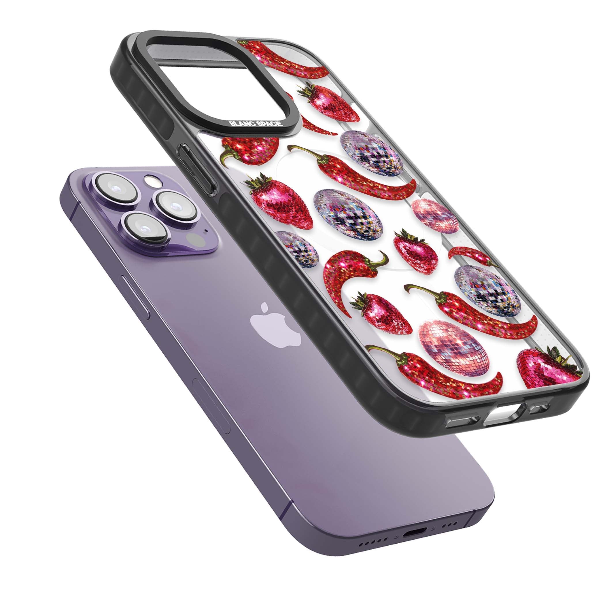 Spicy Disco Y2K iPhone case featuring glitter disco balls, sparkly strawberries and red chilli peppers | Black Impact Magsafe case for iPhone 13 Pro, iPhone 14 Pro, iPhone 15 Pro