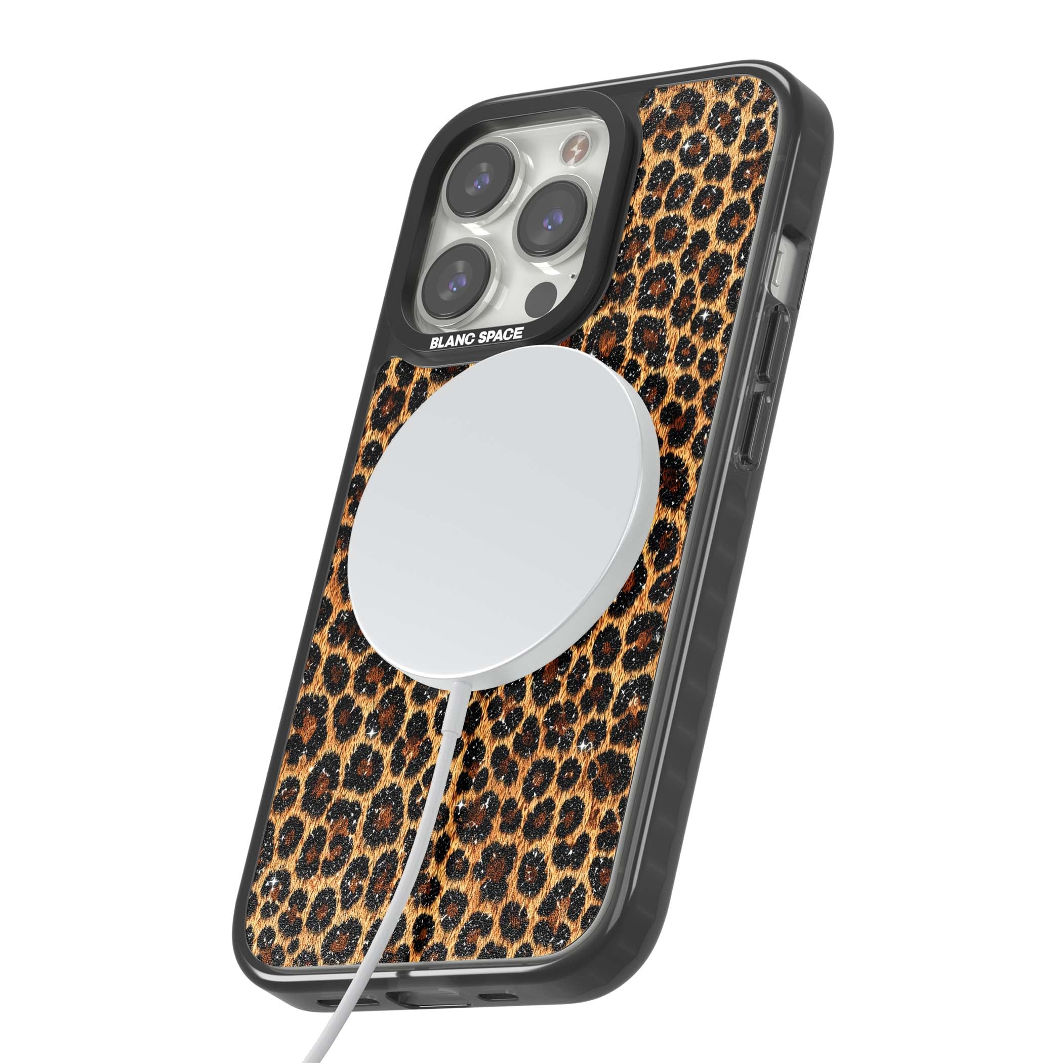Diamond Leopard leopard print iPhone case featuring golden tan fur, black rosette spots and subtle glitter sparkle | Black Impact Magsafe case for iPhone 13 Pro, iPhone 14 Pro, iPhone 15 Pro
