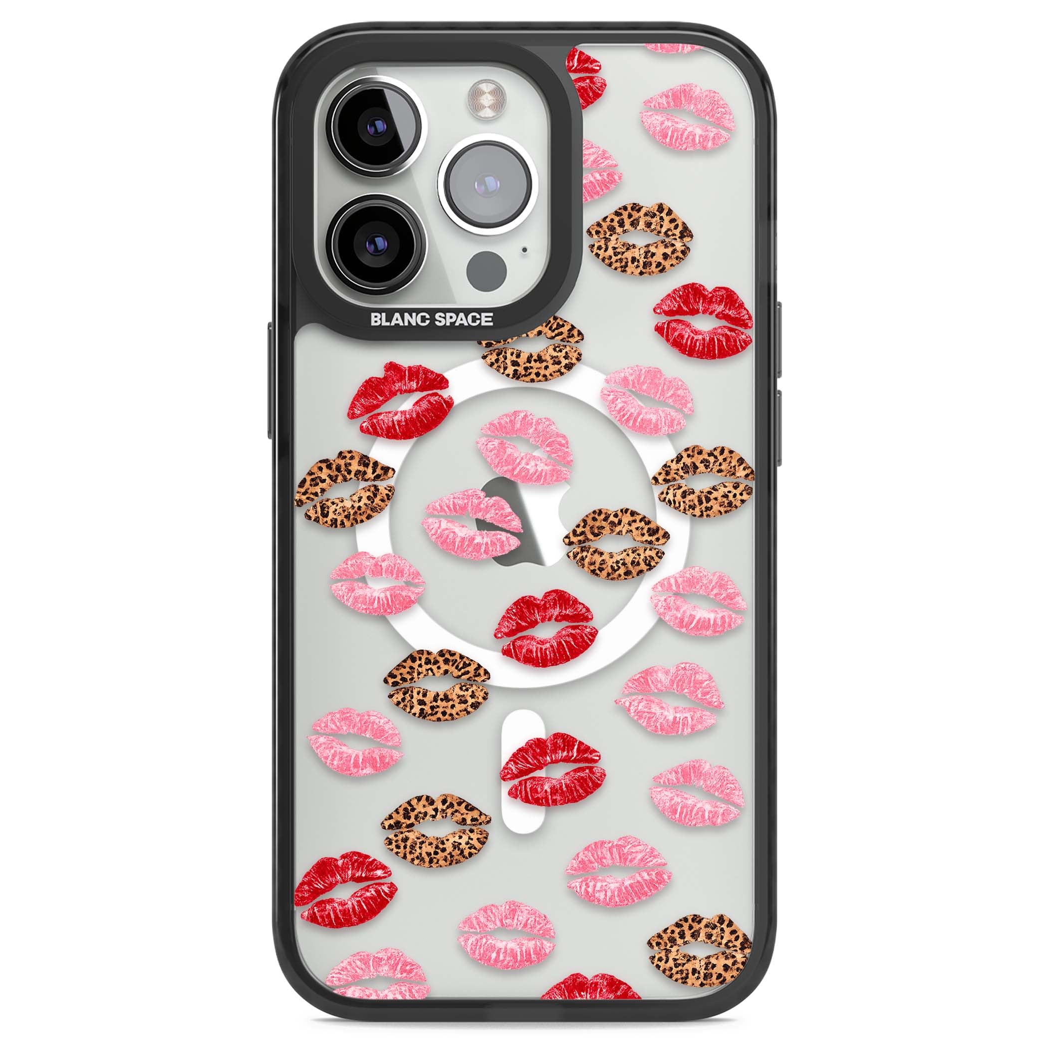 Wild Kisses coquette iPhone case featuring red, pink and leopard print lipstick kiss marks on a clear background | Black Impact Magsafe case for iPhone 13 Pro, iPhone 14 Pro, iPhone 15 Pro