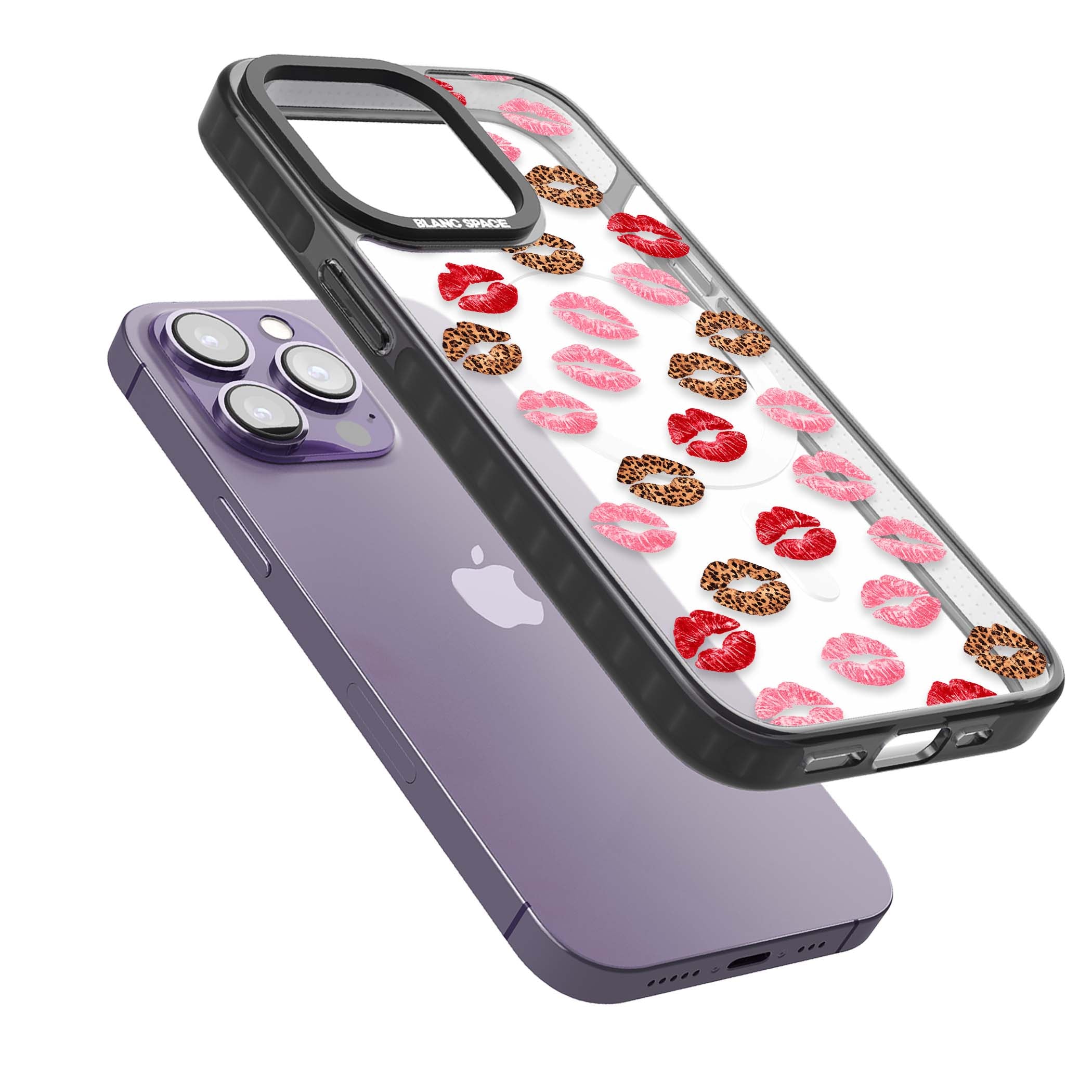 Wild Kisses coquette iPhone case featuring red, pink and leopard print lipstick kiss marks on a clear background | Black Impact Magsafe case for iPhone 13 Pro, iPhone 14 Pro, iPhone 15 Pro