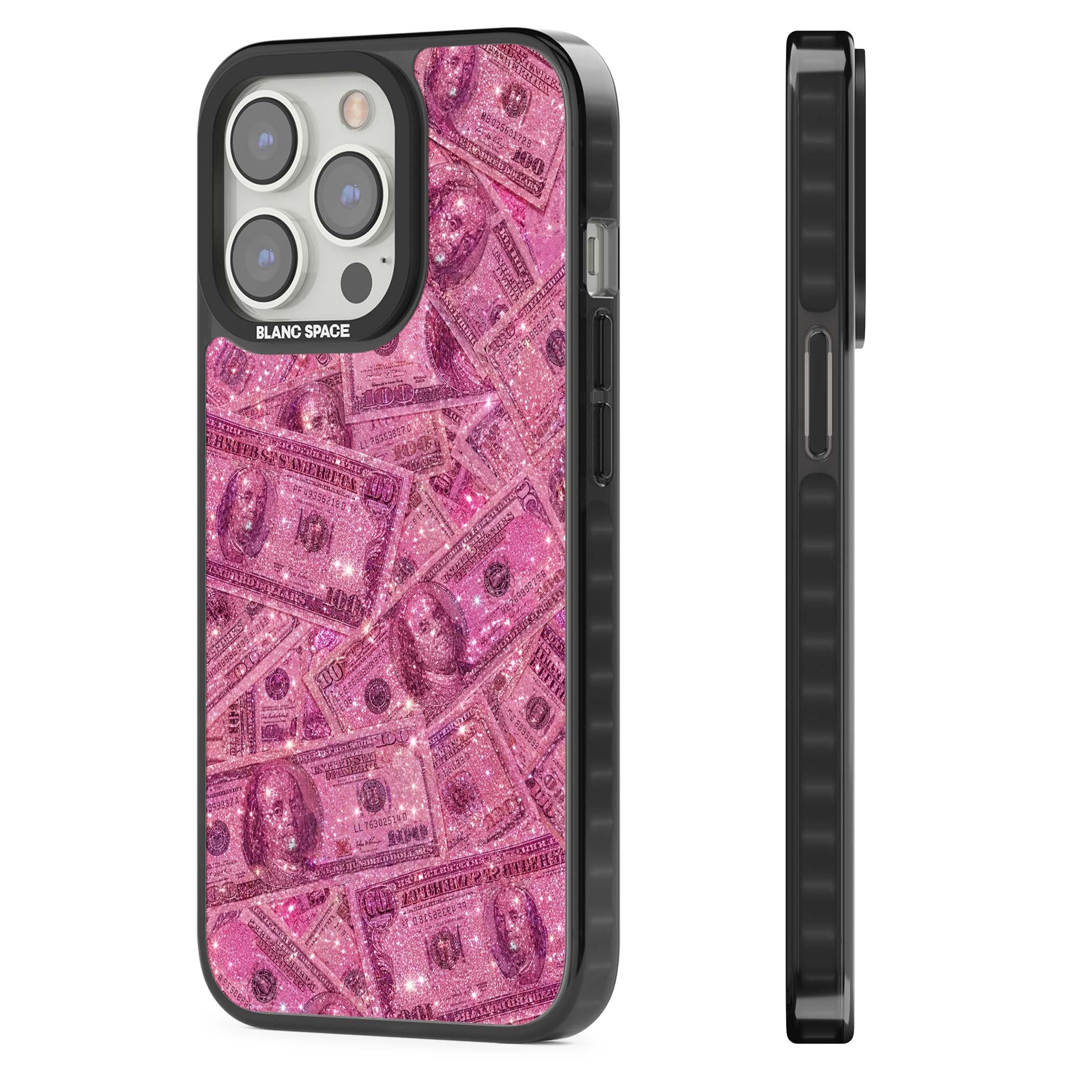Glamorous baddie iPhone case featuring pink glitter hundred dollar bills and sparkling money wallpaper design | Black Impact Magsafe case for iPhone 13 Pro, iPhone 14 Pro, iPhone 15 Pro