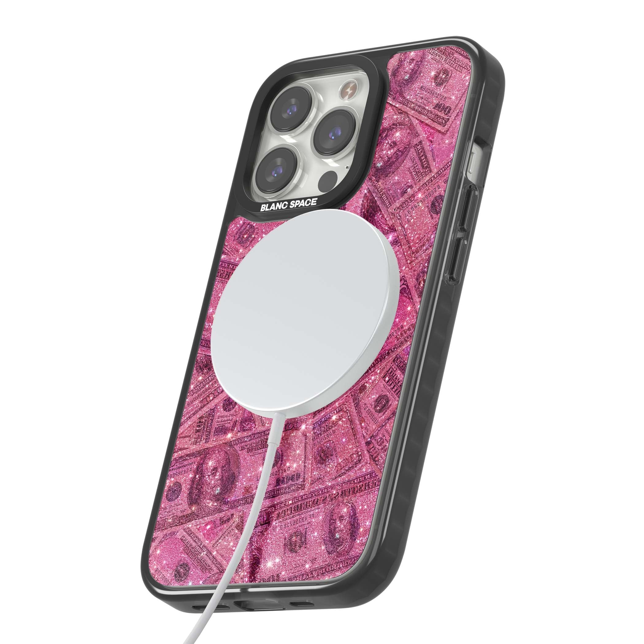 Glamorous baddie iPhone case featuring pink glitter hundred dollar bills and sparkling money wallpaper design | Black Impact Magsafe case for iPhone 13 Pro, iPhone 14 Pro, iPhone 15 Pro