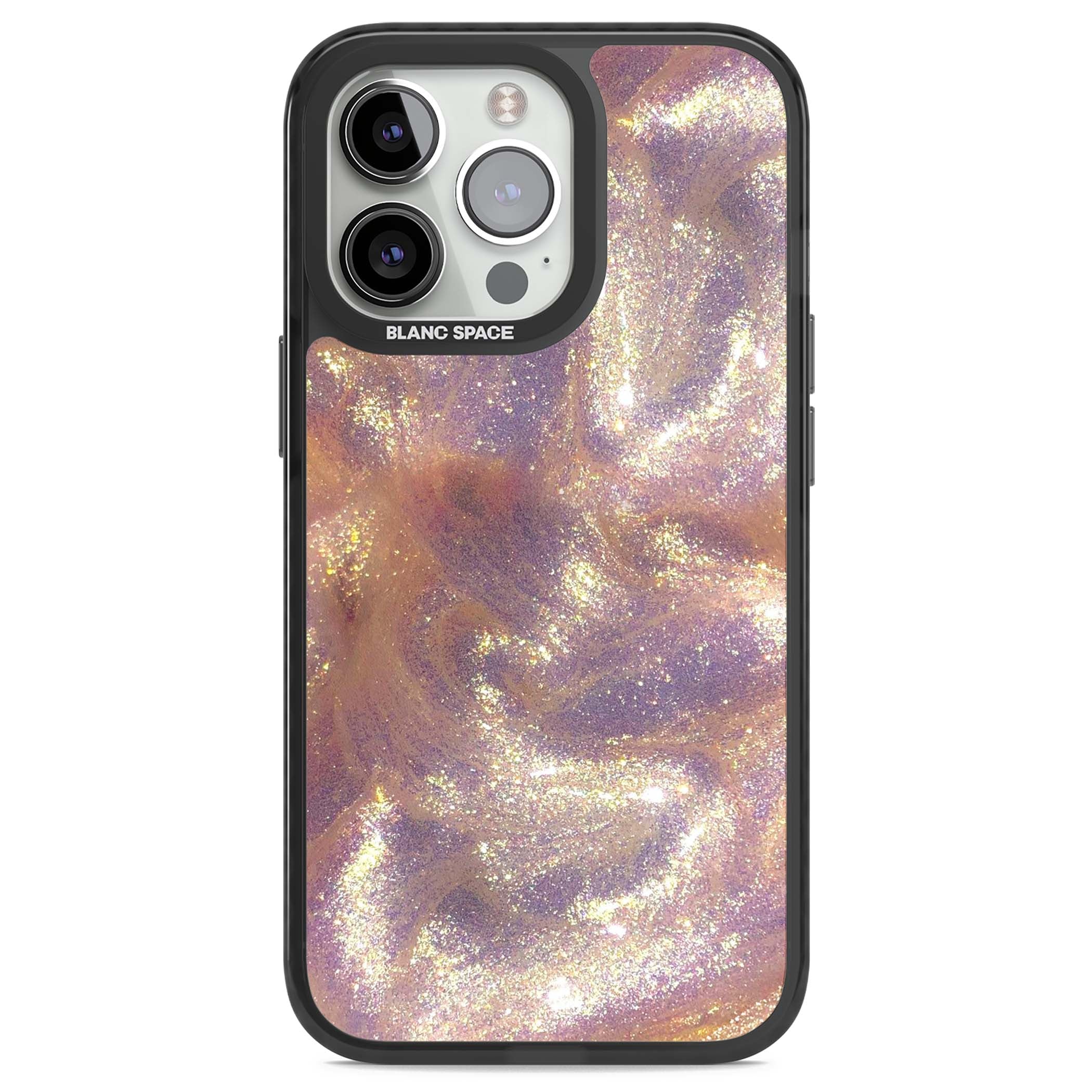 Shimmer marble iPhone case featuring rose gold glitter swirls, lilac shimmer and iridescent pearl finish | Black Impact Magsafe case for iPhone 13 Pro, iPhone 14 Pro, iPhone 15 Pro