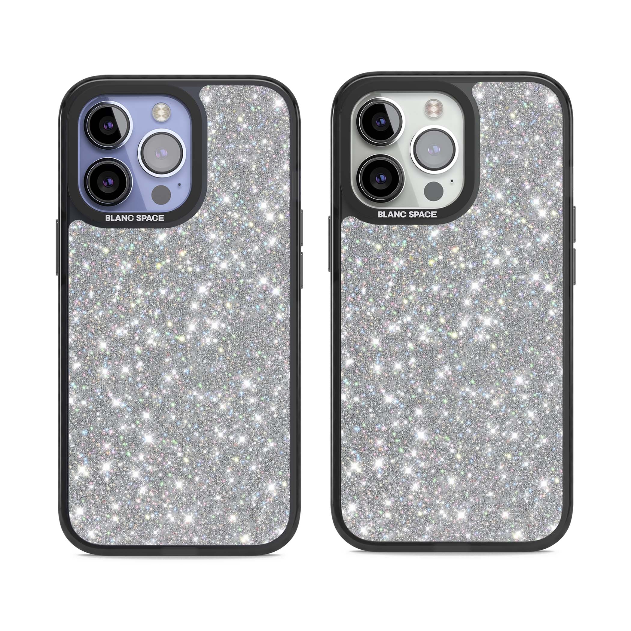 Diamond glam iPhone case featuring silver glitter sparkle and shimmering diamond dust effect | Black Impact Magsafe case for iPhone 13 Pro, iPhone 14 Pro, iPhone 15 Pro