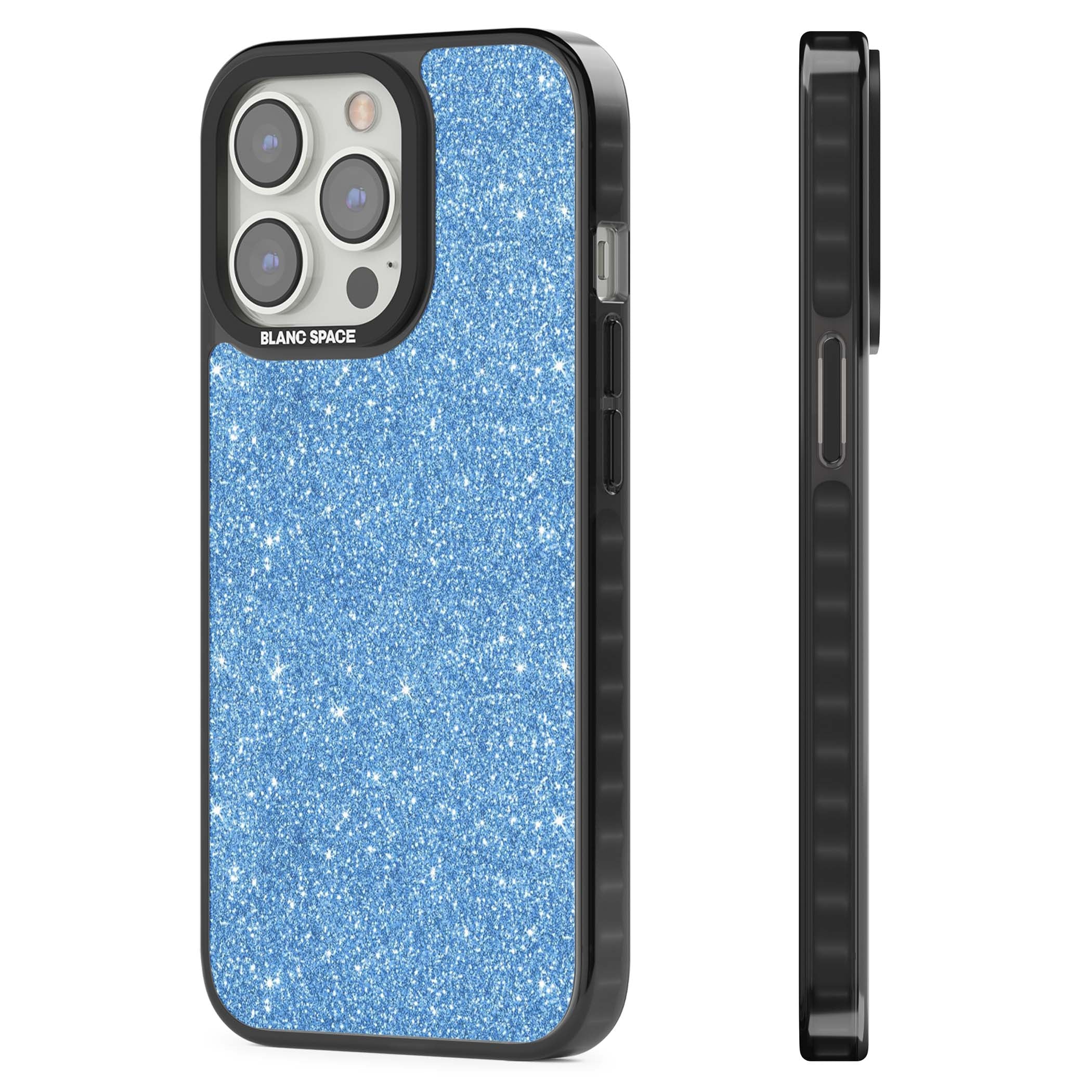 Blue Glitter blue glitter iPhone case featuring dense sparkling cerulean glitter with a glamorous shimmering finish | Black Impact Magsafe case for iPhone 13 Pro, iPhone 14 Pro, iPhone 15 Pro