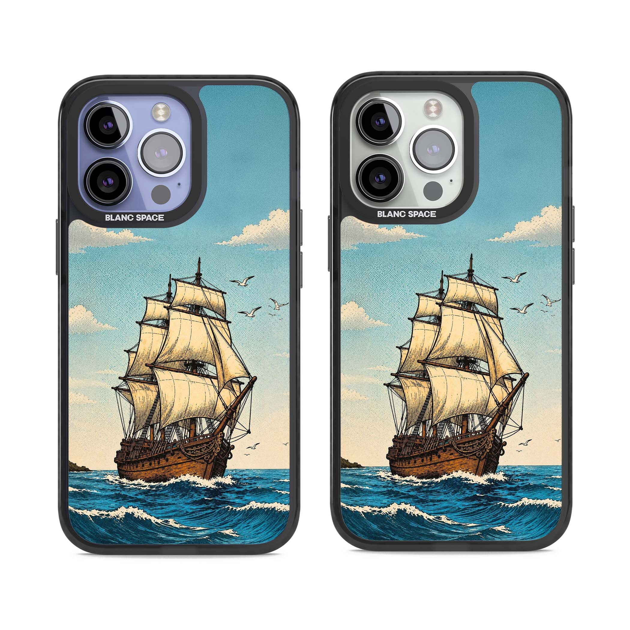 Ship at Sea nautical iPhone case featuring a vintage tall ship, ocean waves and seagulls | Black Impact Magsafe case for iPhone 13 Pro, iPhone 14 Pro, iPhone 15 Pro