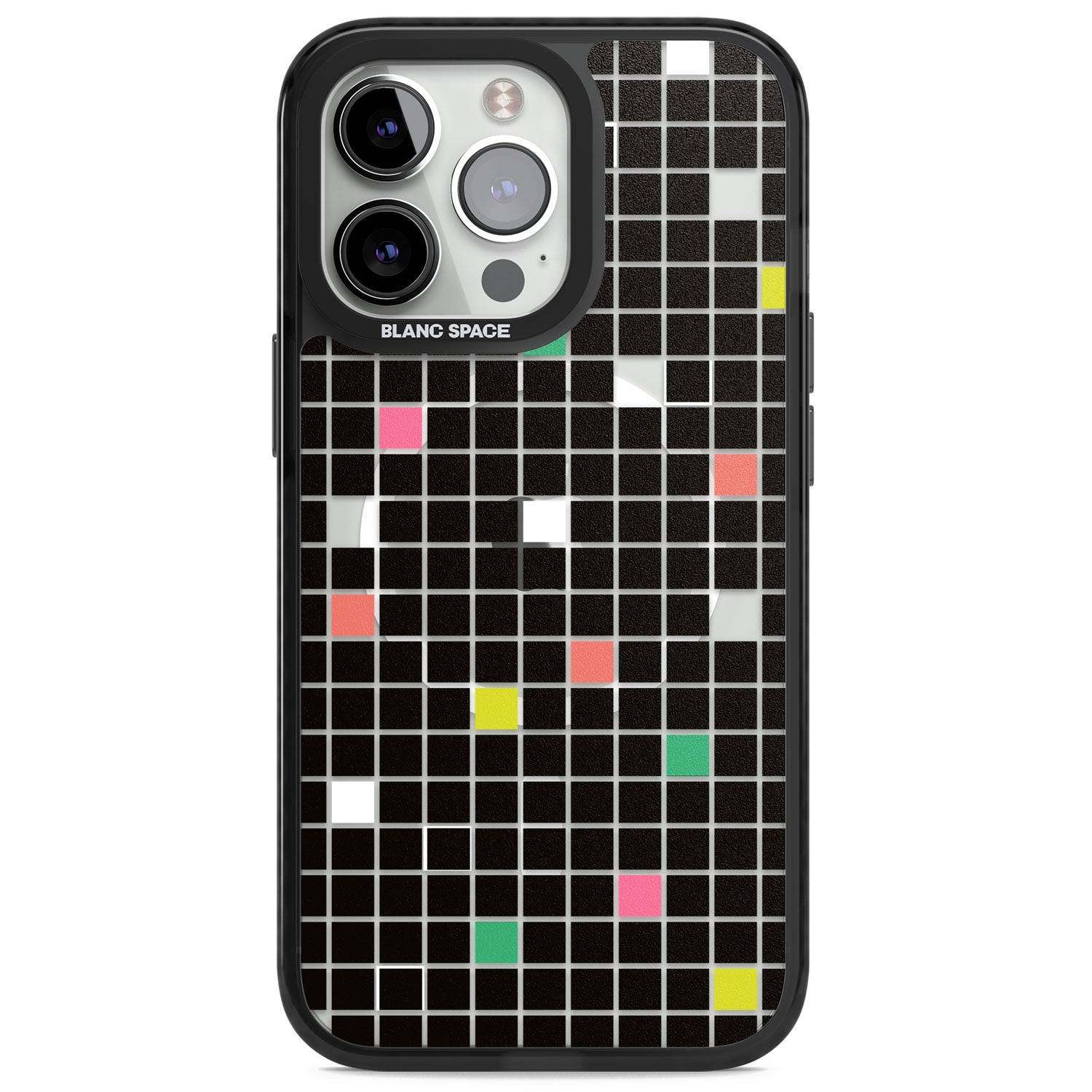 Vibrant Black Geometric Grid Magsafe Black Impact Phone Case for iPhone 13 Pro, iPhone 14 Pro, iPhone 15 Pro