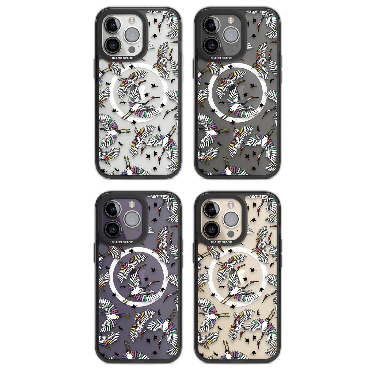 Colourful Crane Pattern Magsafe Black Impact Phone Case for iPhone 13 Pro, iPhone 14 Pro, iPhone 15 Pro
