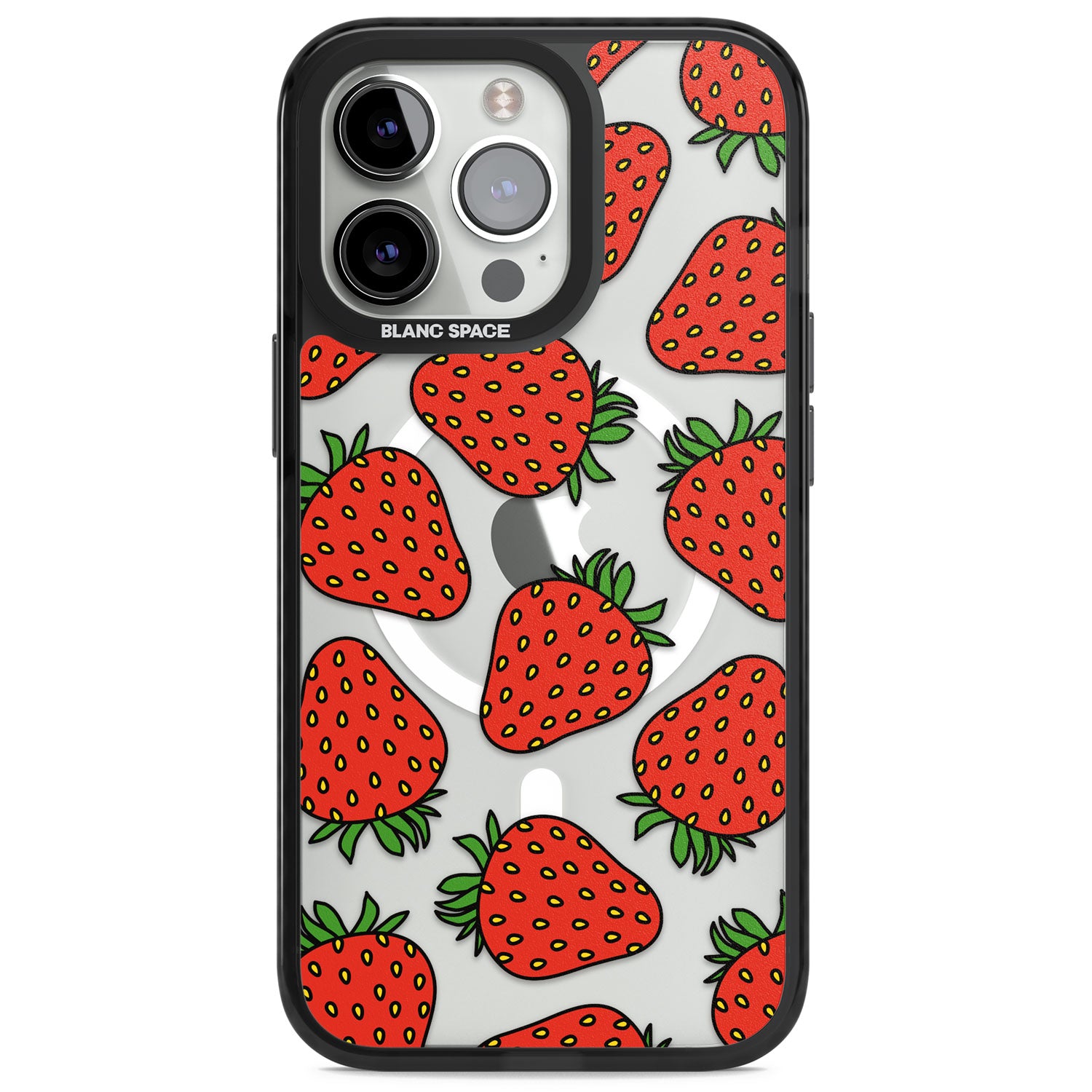 Strawberry Pattern Magsafe Black Impact Phone Case for iPhone 13 Pro, iPhone 14 Pro, iPhone 15 Pro