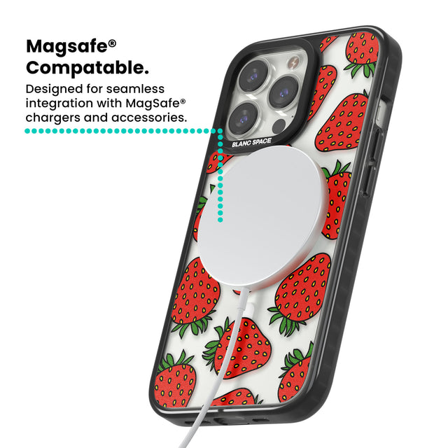 Strawberry Pattern Magsafe Black Impact Phone Case for iPhone 13 Pro, iPhone 14 Pro, iPhone 15 Pro